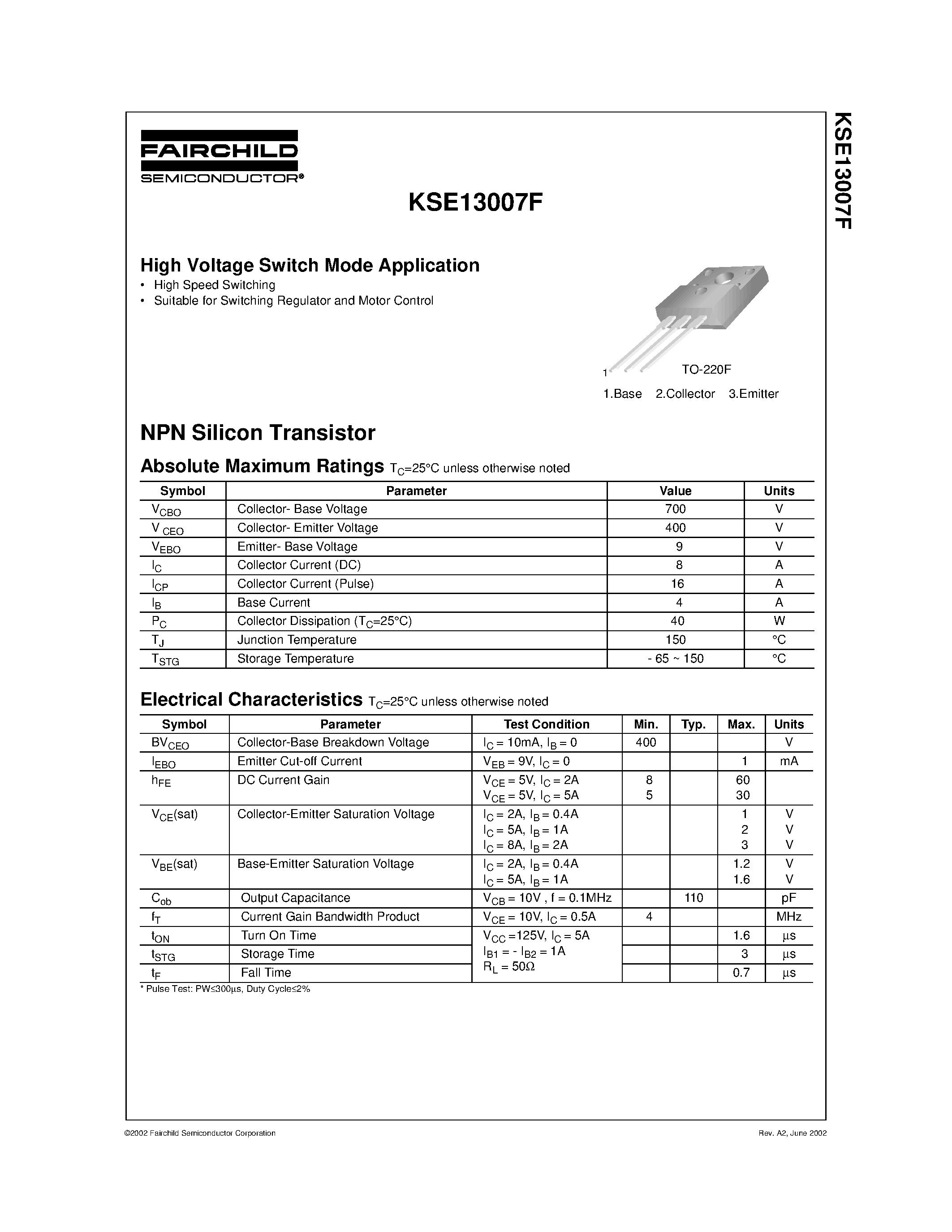 Datasheet KSE13007F - High Voltage Switch Mode Application page 1