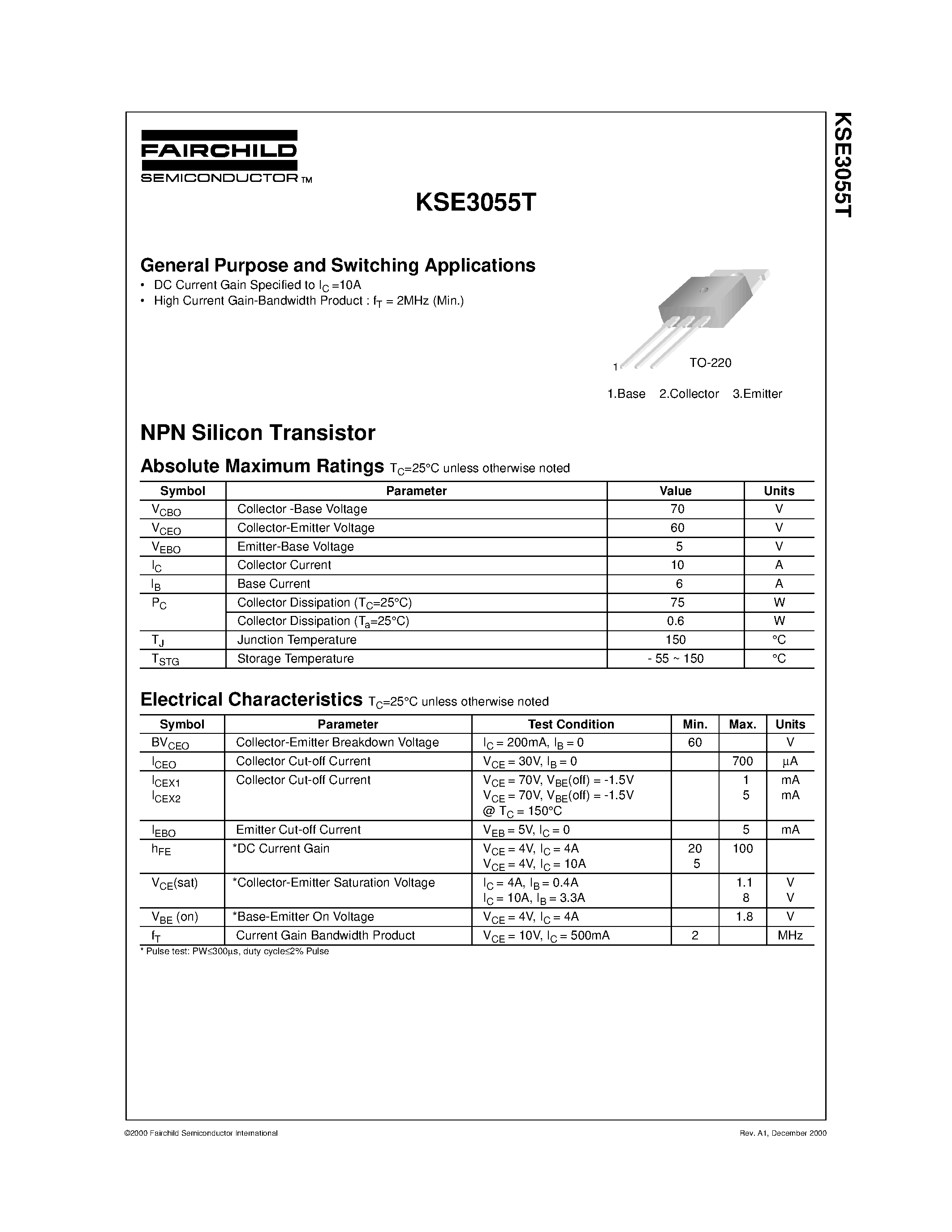 Datasheet KSE3055T - General Purpose and Switching Applications page 1