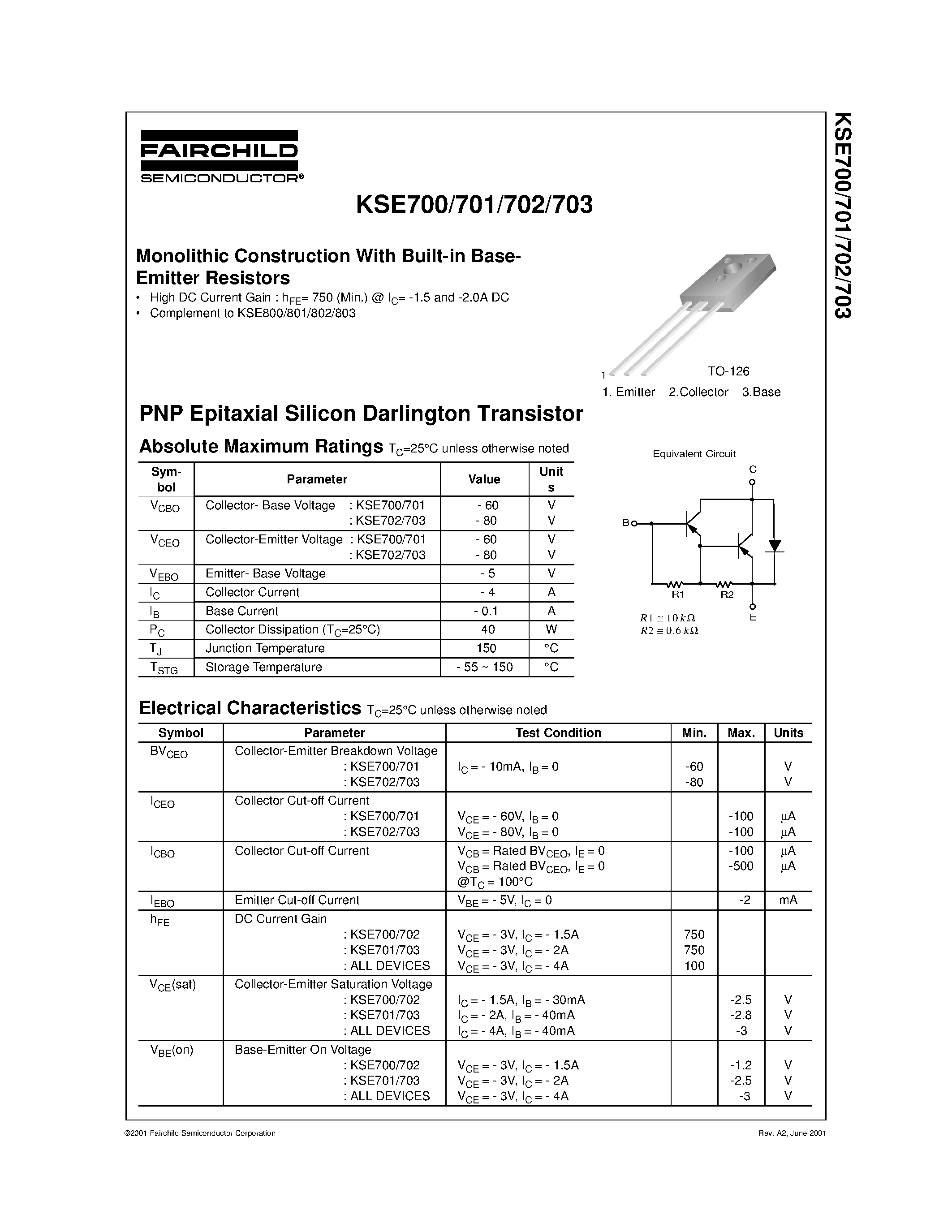 Даташит KSE701 - Monolithic Construction With Built-in Base- Emitter Resistors страница 1