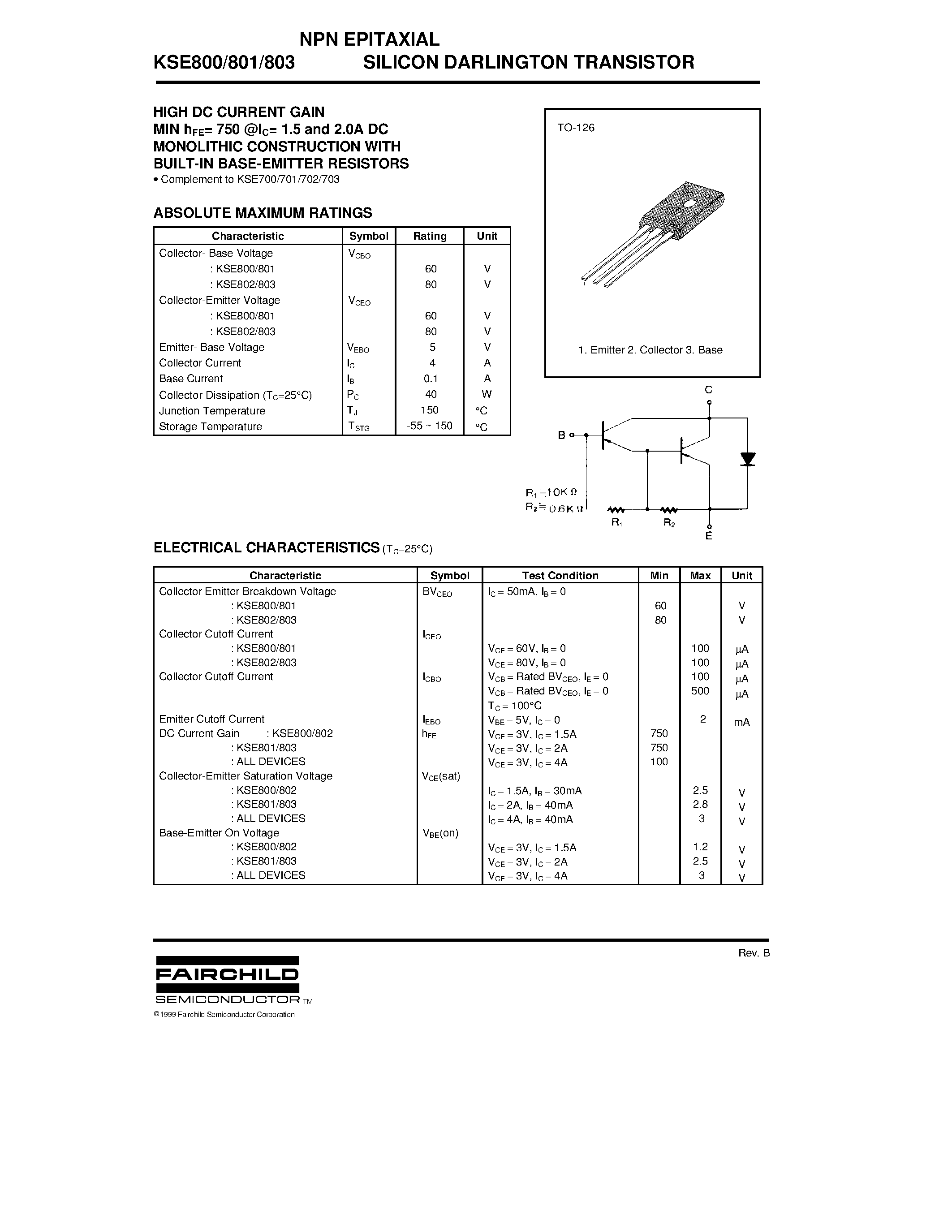 Datasheet KSE803 - NPN EPITAXIAL SILICON DARLINGTON TRANSISTOR page 1