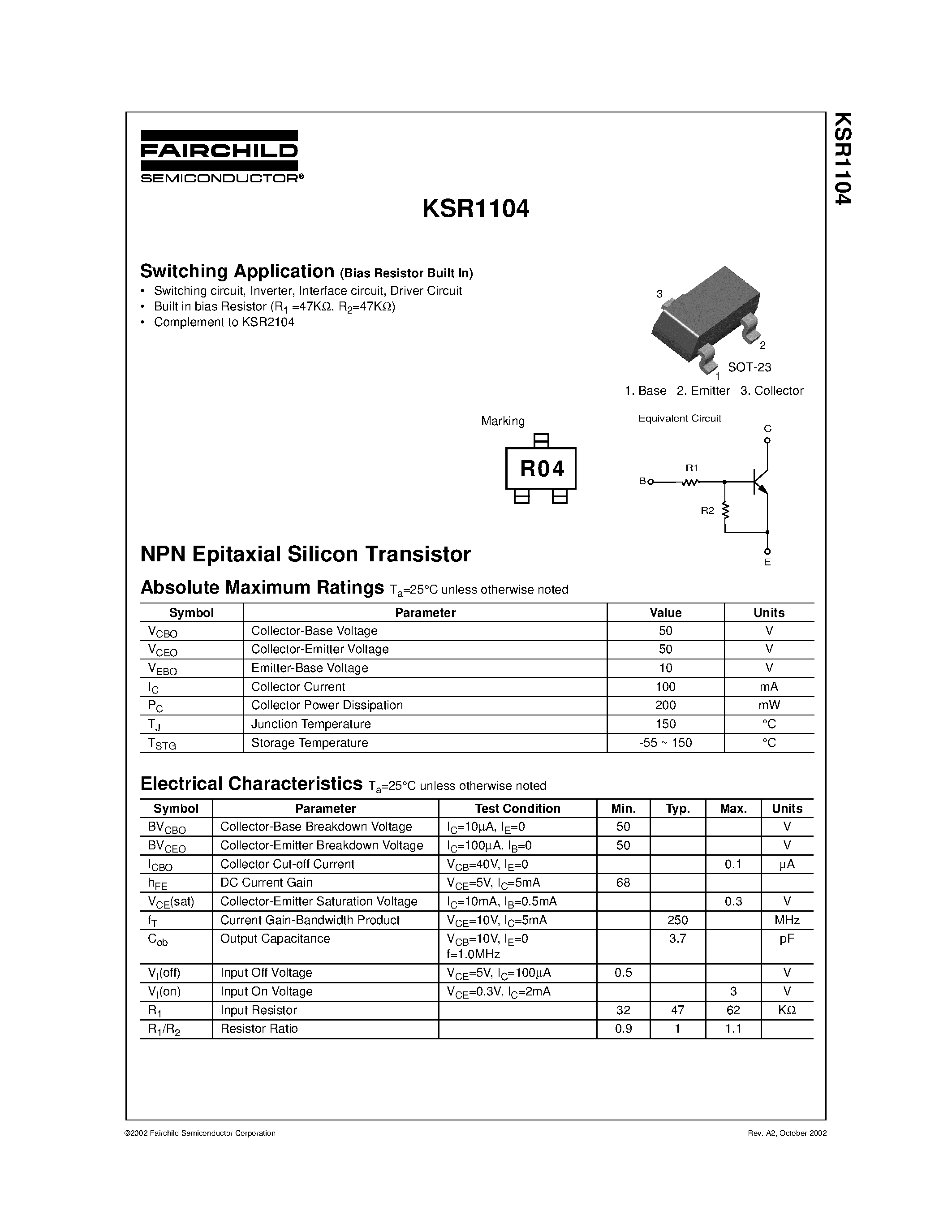 Даташит KSR1104 - Switching Application (Bias Resistor Built In) страница 1