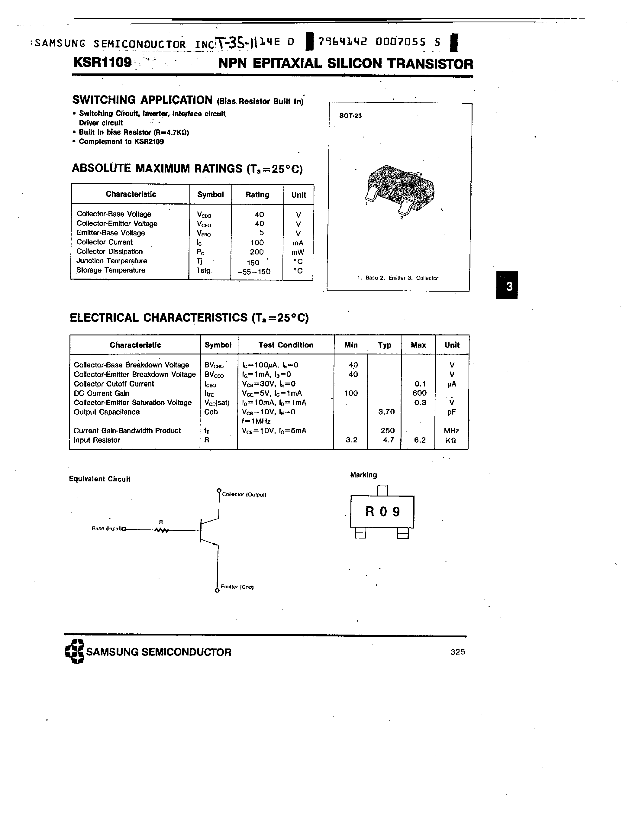 Datasheet KSR1109 - NPN (SWITCHING APPLICATION) page 1