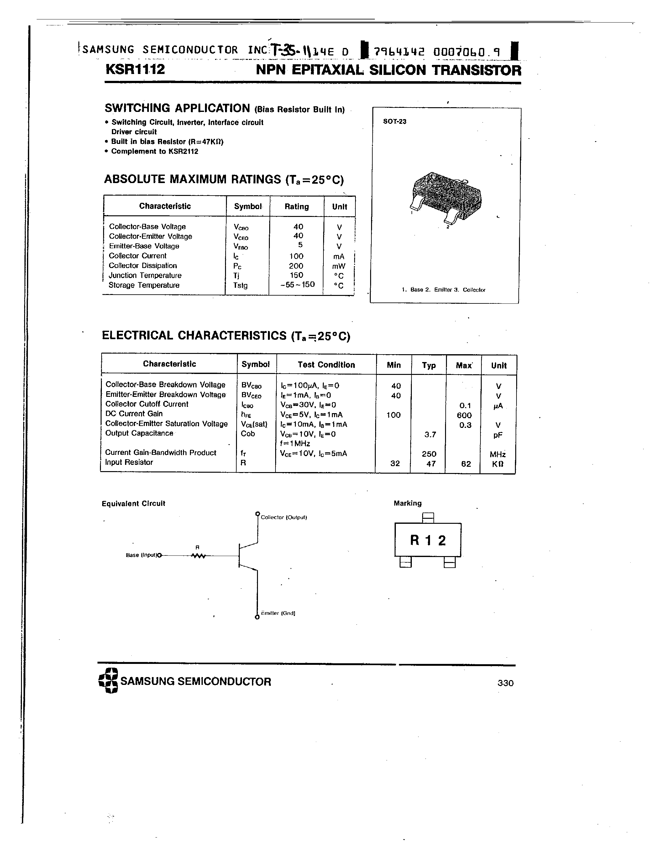 Datasheet KSR1112 - NPN SWITCHING APPLICATION) page 1