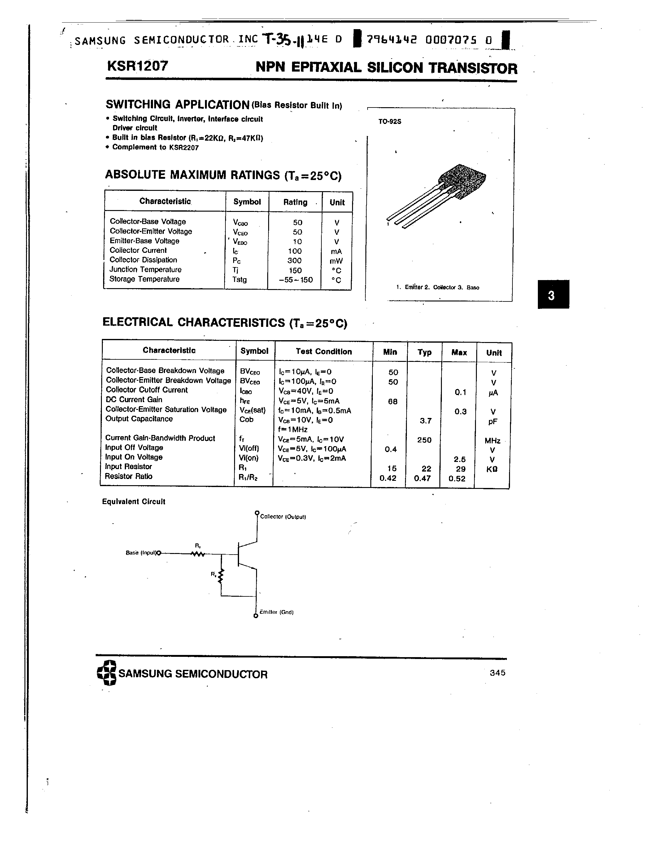 Datasheet KSR1207 - NPN (SWITCHING APPLICATION) page 1