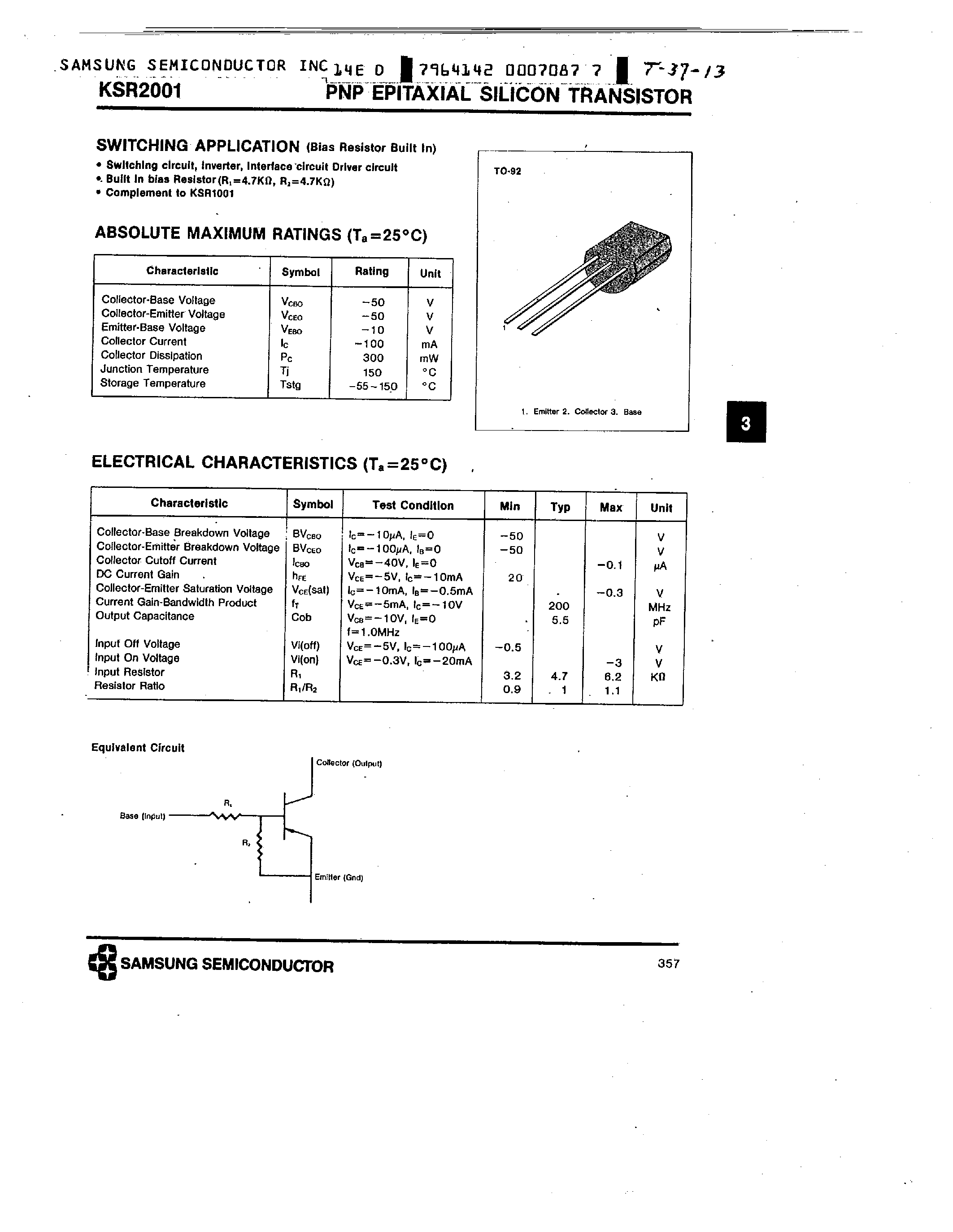 Datasheet KSR2001 - PNP (SWITCHING APPLICATION) page 1