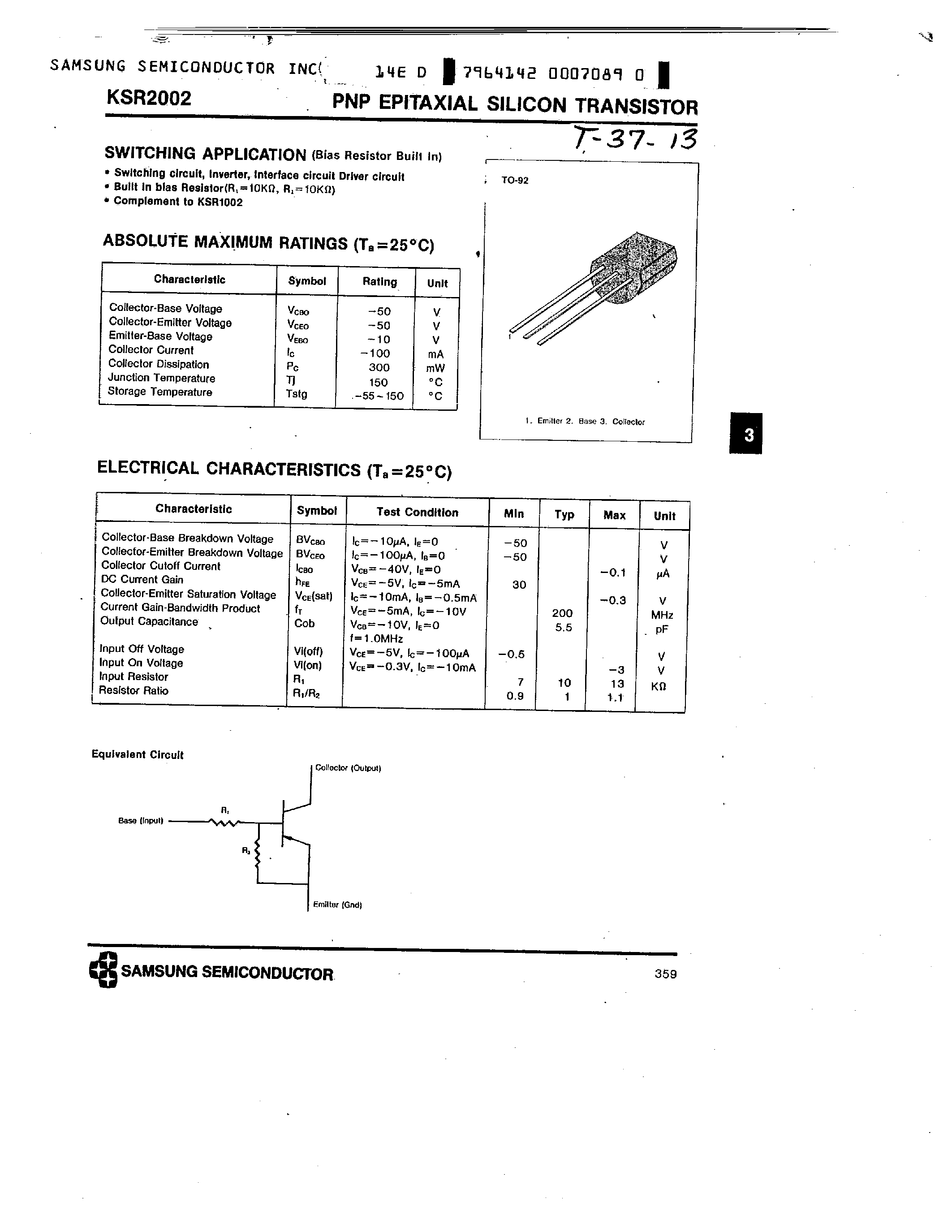 Datasheet KSR2002 - PNP (SWITCHING APPLICATION) page 1