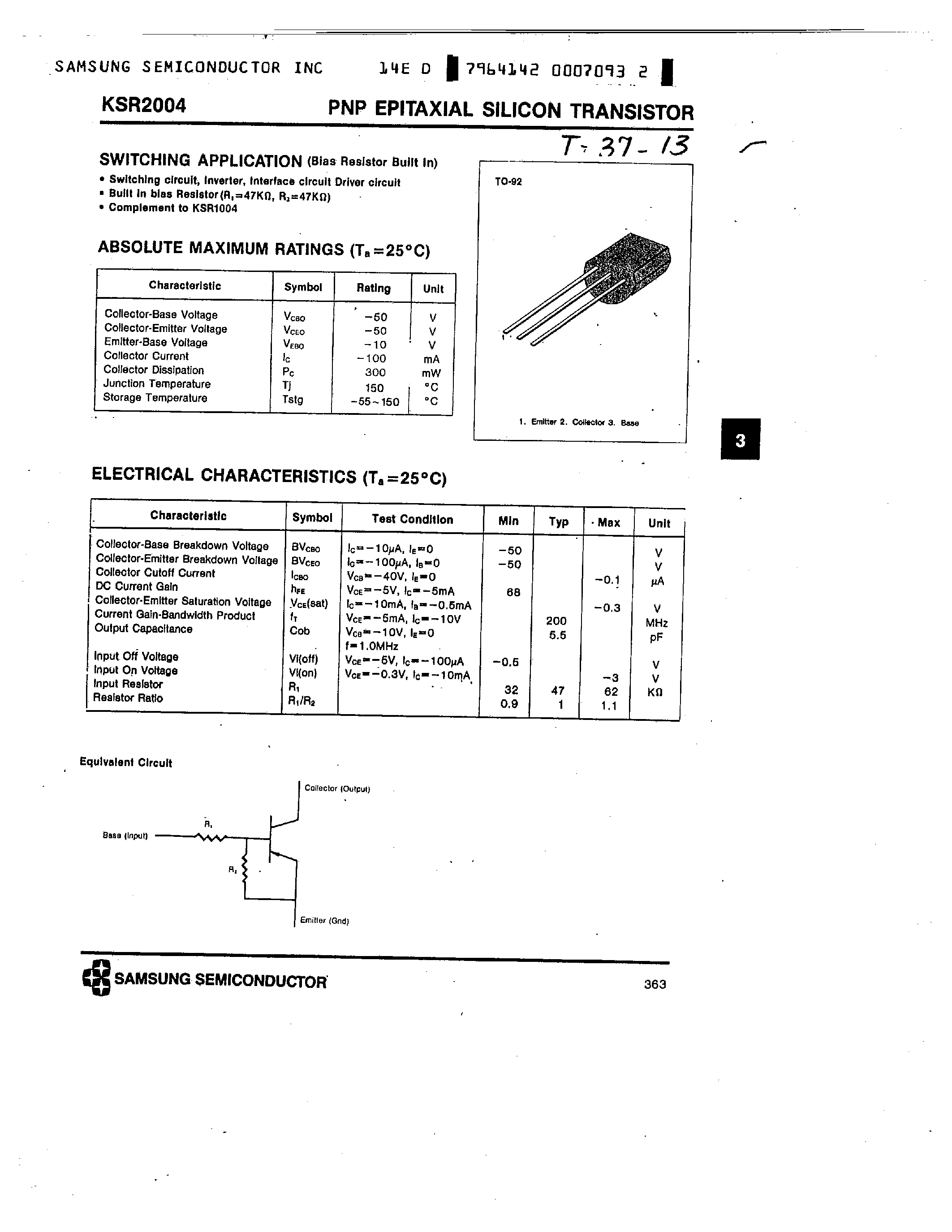 Datasheet KSR2004 - PNP (SWITCHING APPLICATION) page 1