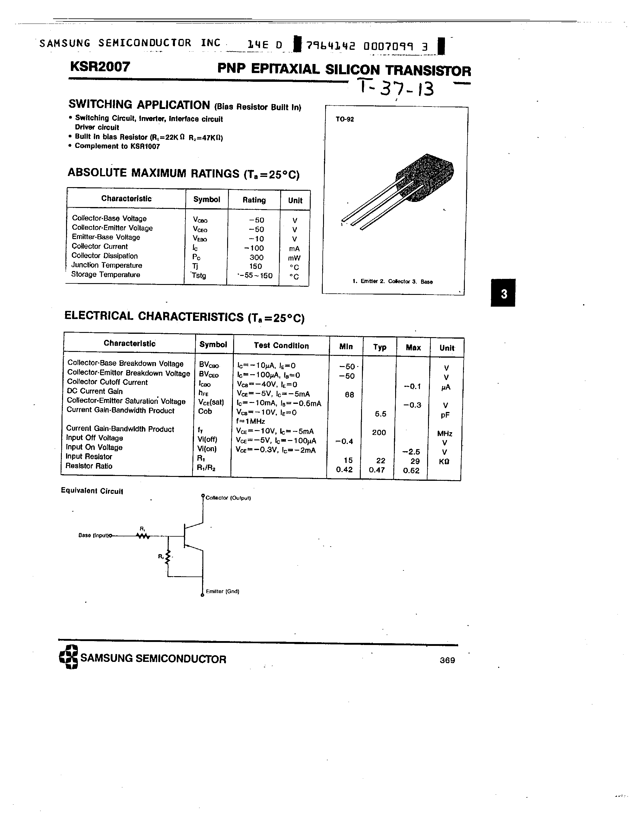 Datasheet KSR2007 - PNP (SWITCHING APPLICATION) page 1