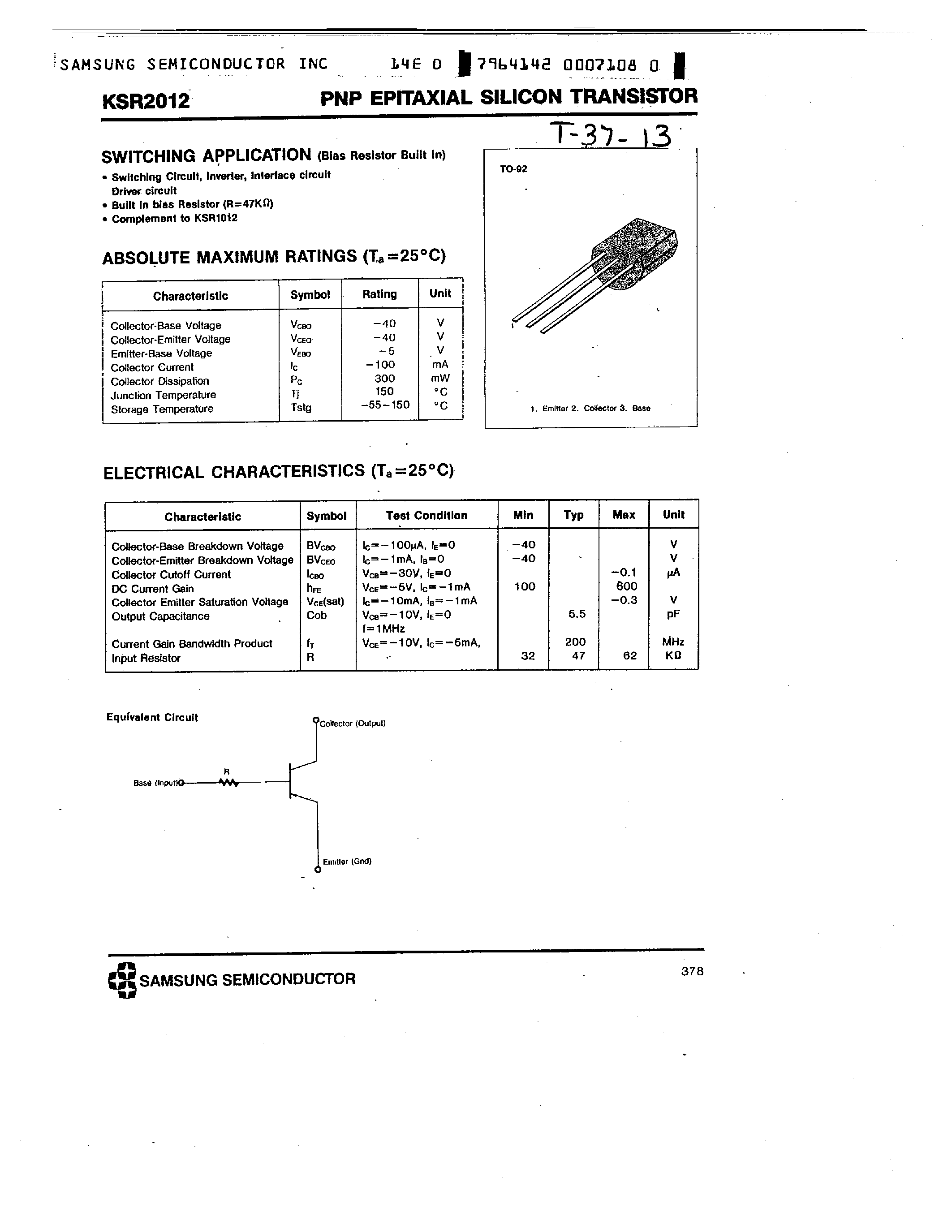 Datasheet KSR2012 - PNP (SWITCHING APPLICATION) page 1