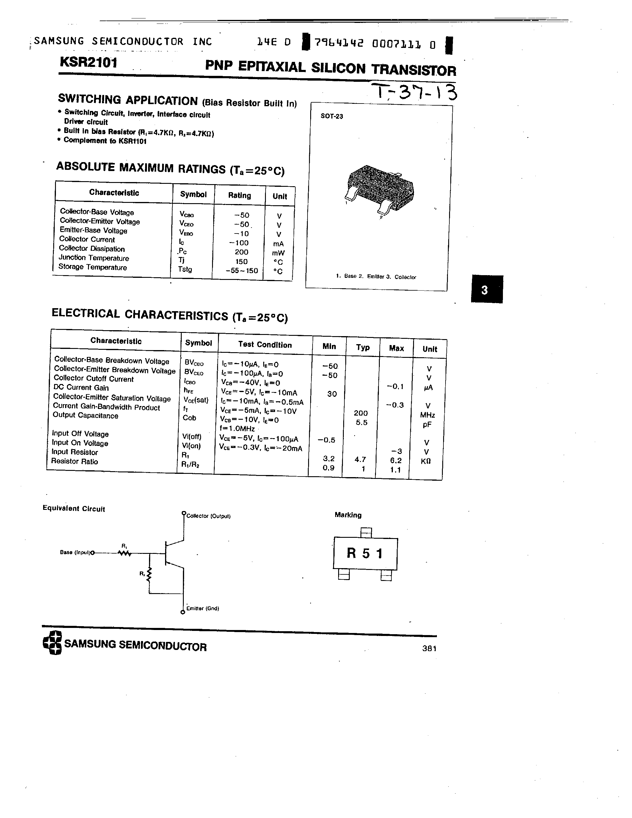 Datasheet KSR2101 - PNP (SWITCHING APPLICATION) page 1