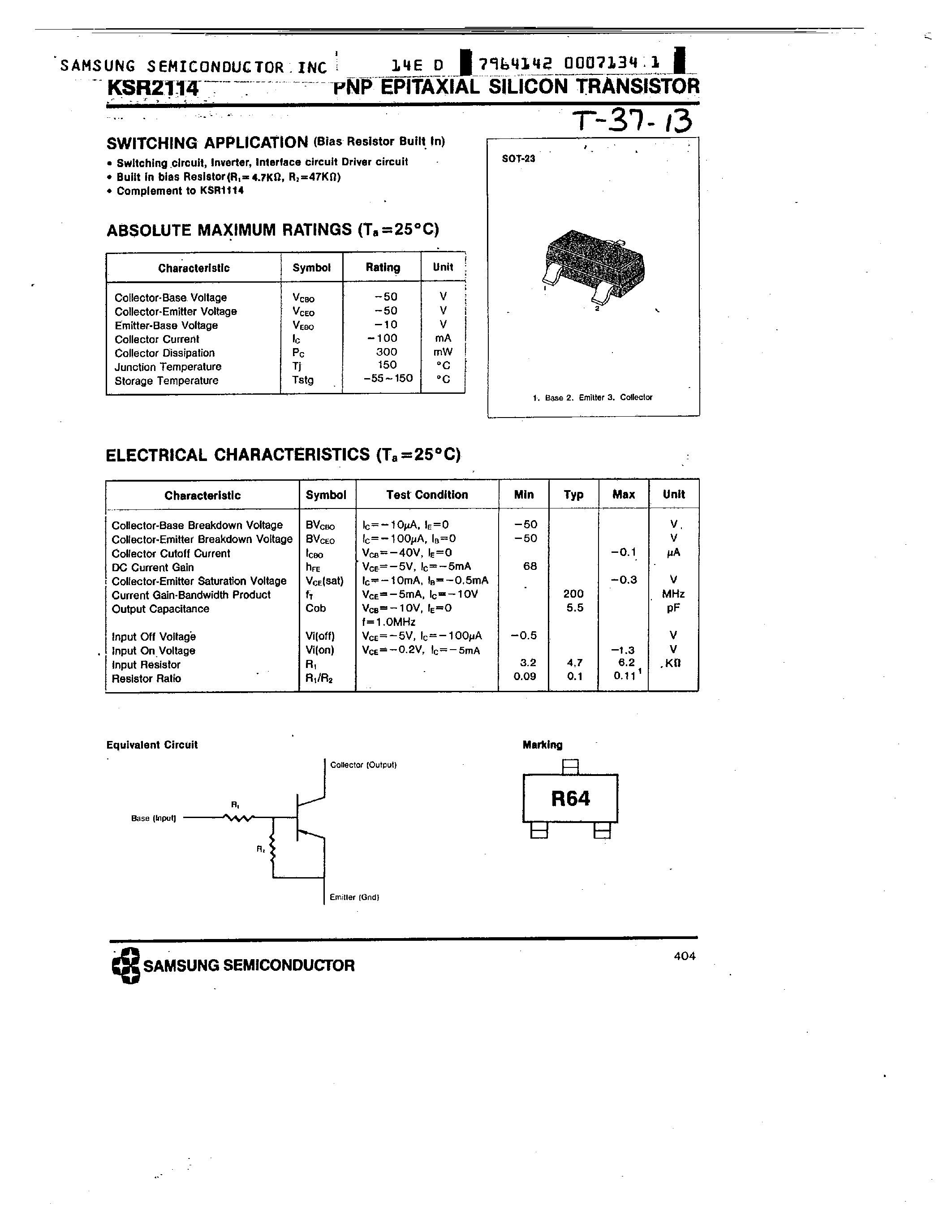Datasheet KSR2114 - PNP (SWITCHING APPLICATION) page 1