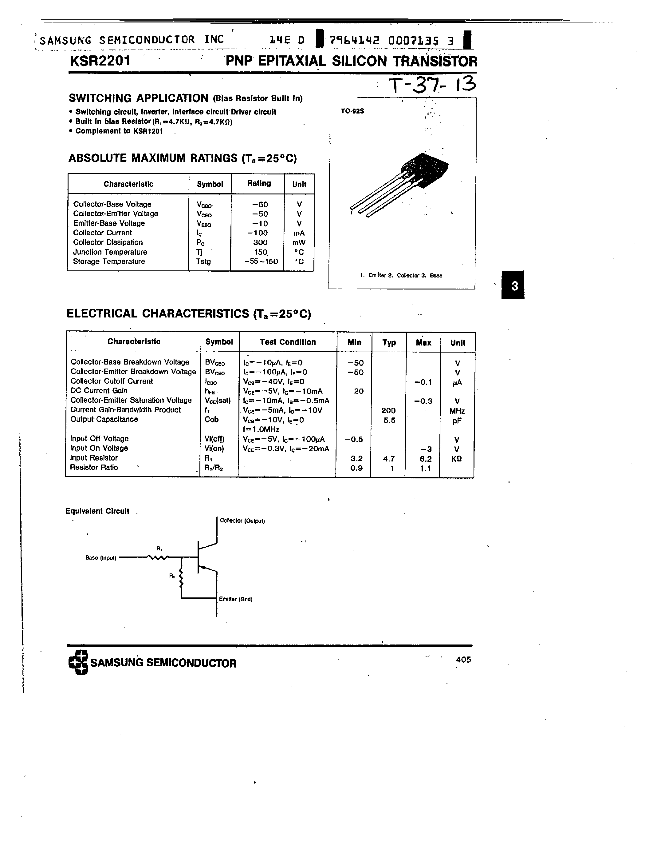 Datasheet KSR2201 - PNP (SWITCHING APPLICATION) page 1