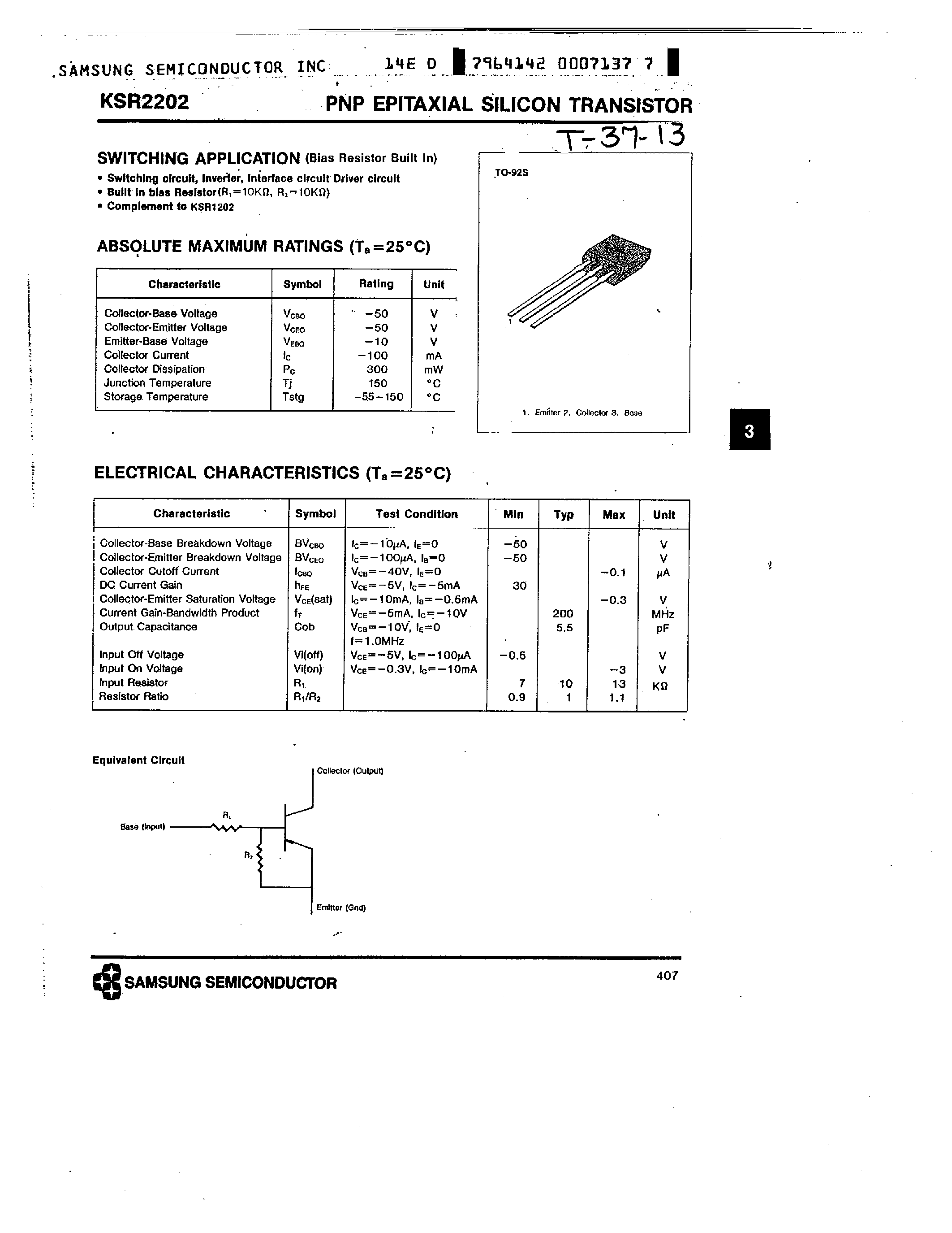 Datasheet KSR2202 - PNP (SWITCHING APPLICATION) page 1