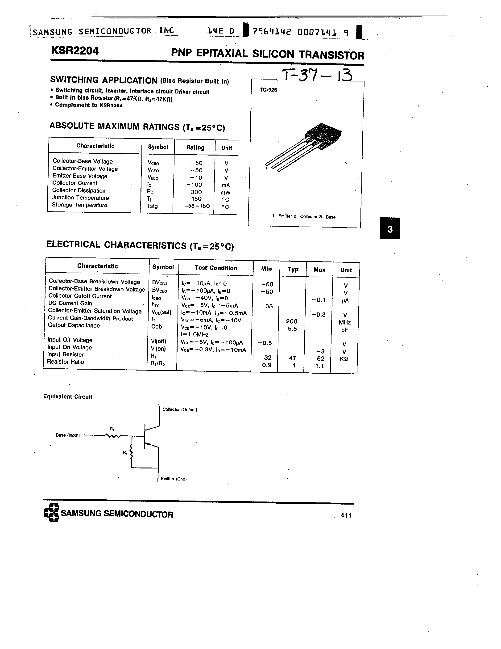 Datasheet KSR2204 - PNP (SWITCHING APPLICATION) page 1