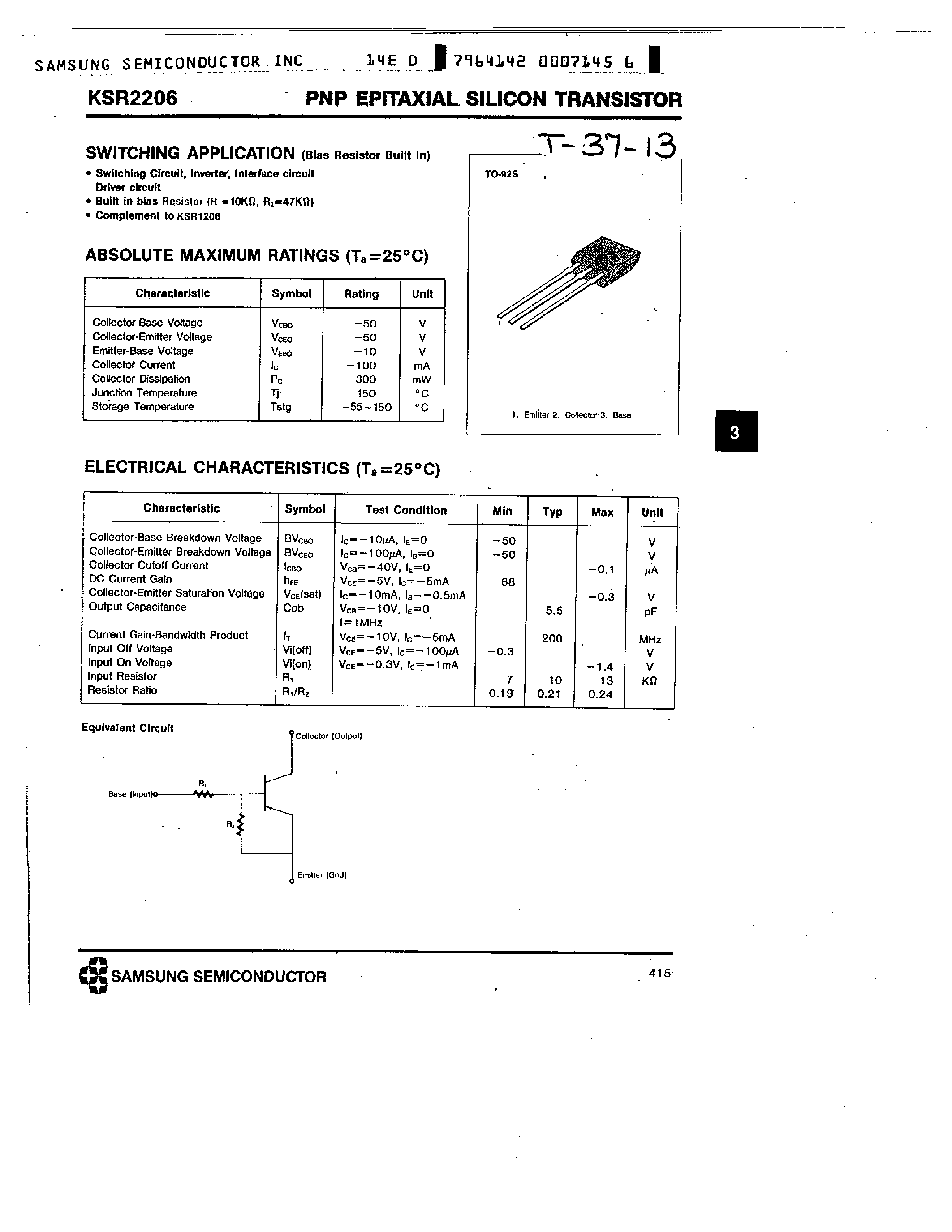 Datasheet KSR2206 - PNP (SWITCHING APPLICATION) page 1