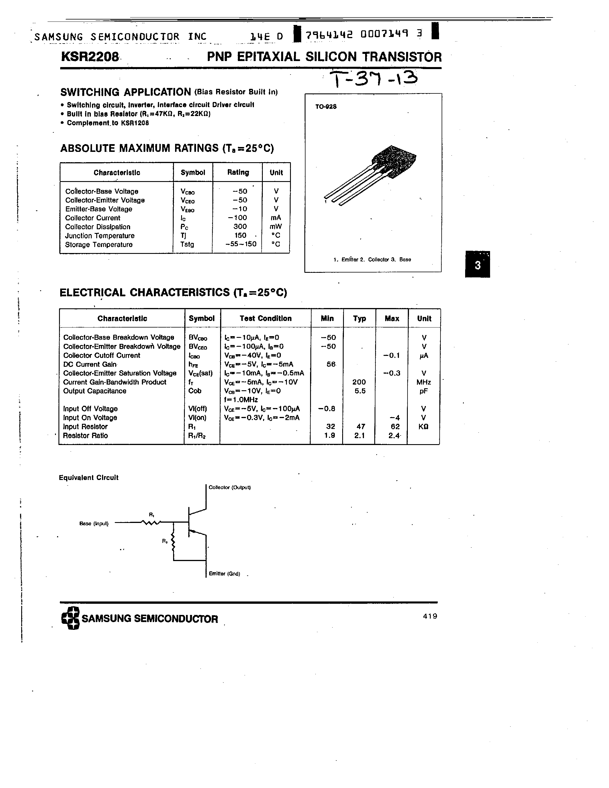 Datasheet KSR2208 - PNP (SWITCHING APPLICATION) page 1