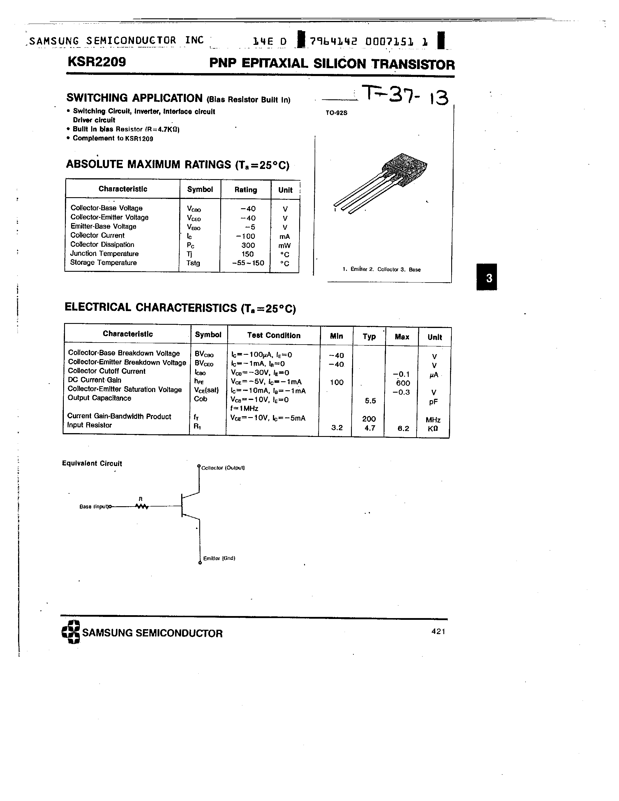 Datasheet KSR2209 - PNP (SWITCHING APPLICATION) page 1
