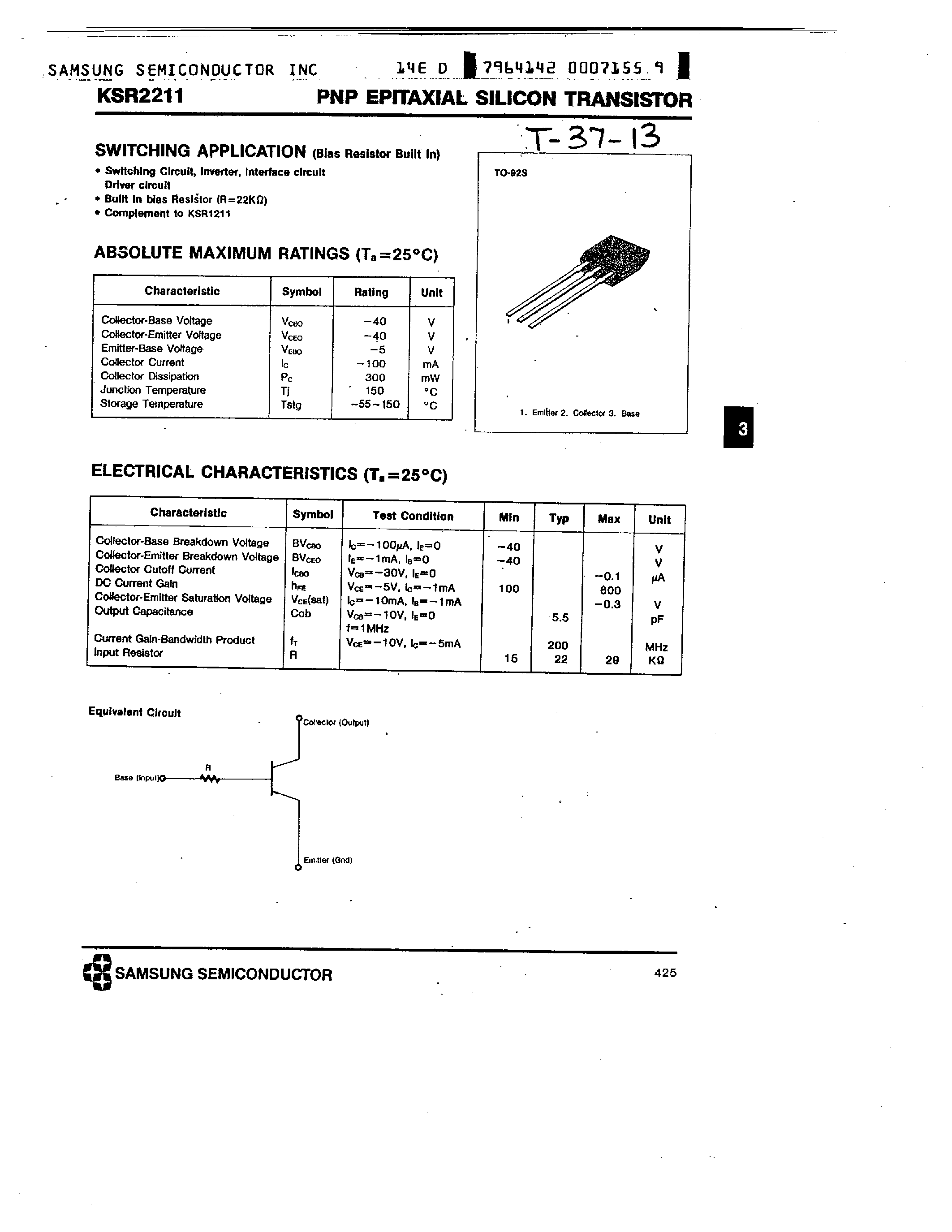 Datasheet KSR2211 - PNP (SWITCHING APPLICATION) page 1