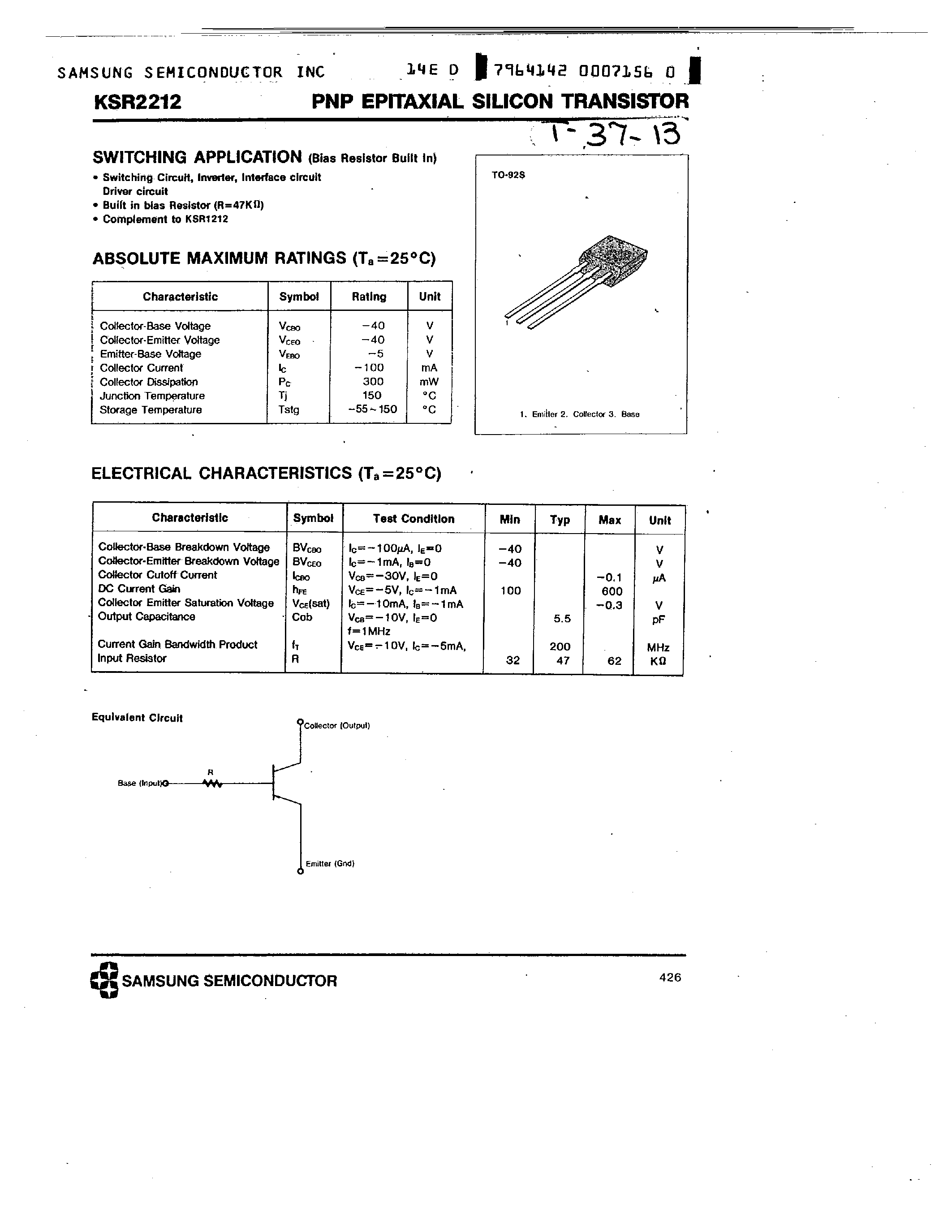 Datasheet KSR2212 - PNP (SWITCHING APPLICATION) page 1