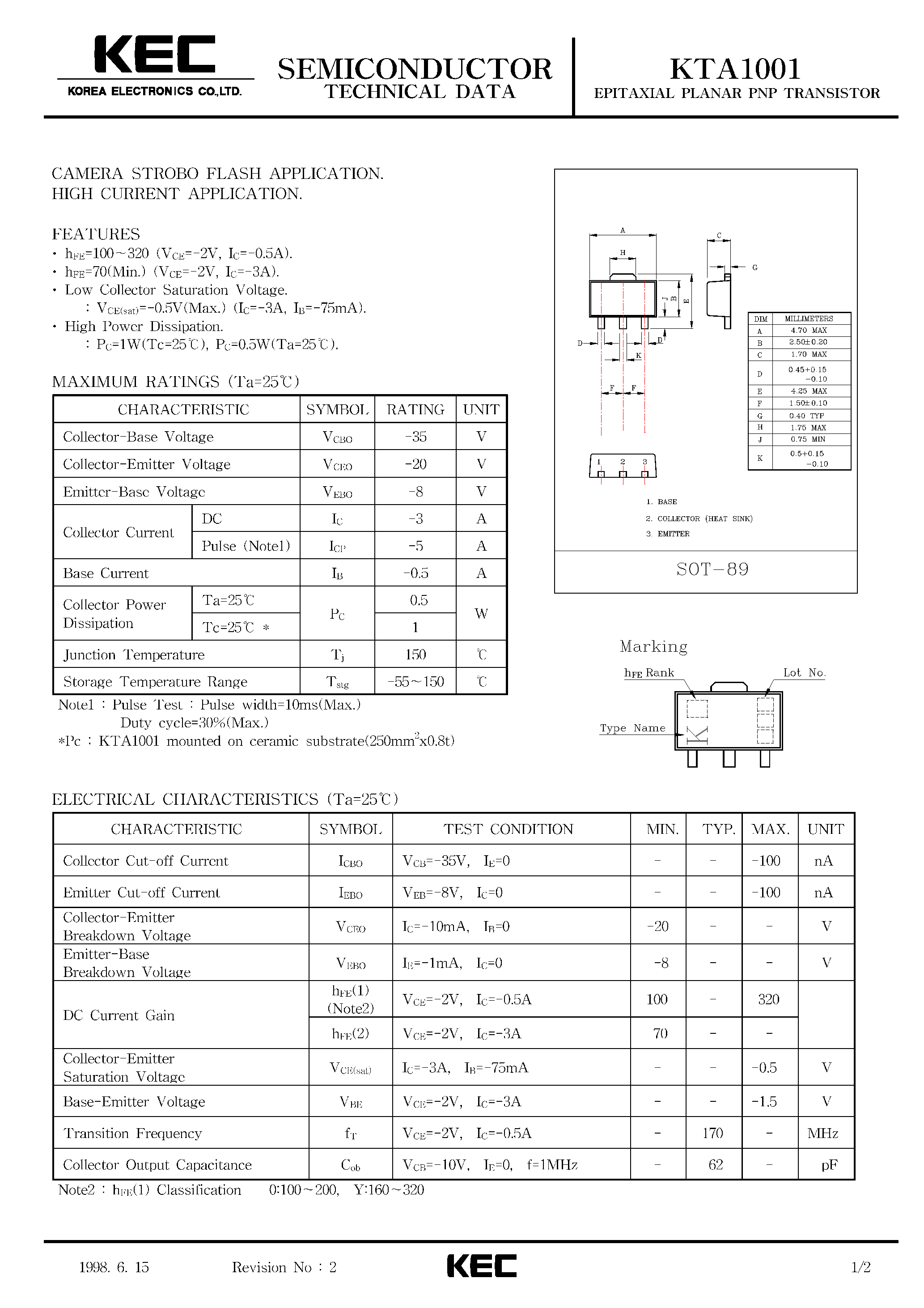 Datasheet KTA1001 - EPITAXIAL PLANAR PNP TRANSISTOR (CAMERA STROBO FLASH/ HIGH CURRENT) page 1