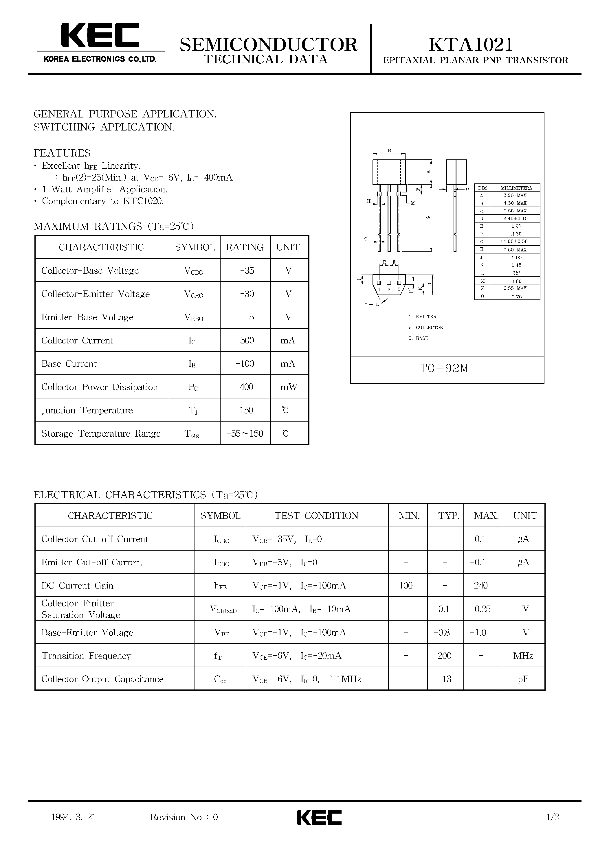 Datasheet KTA1021 - EPITAXIAL PLANAR PNP TRANSISTOR (GENERAL PURPOSE/ SWITCHING) page 1