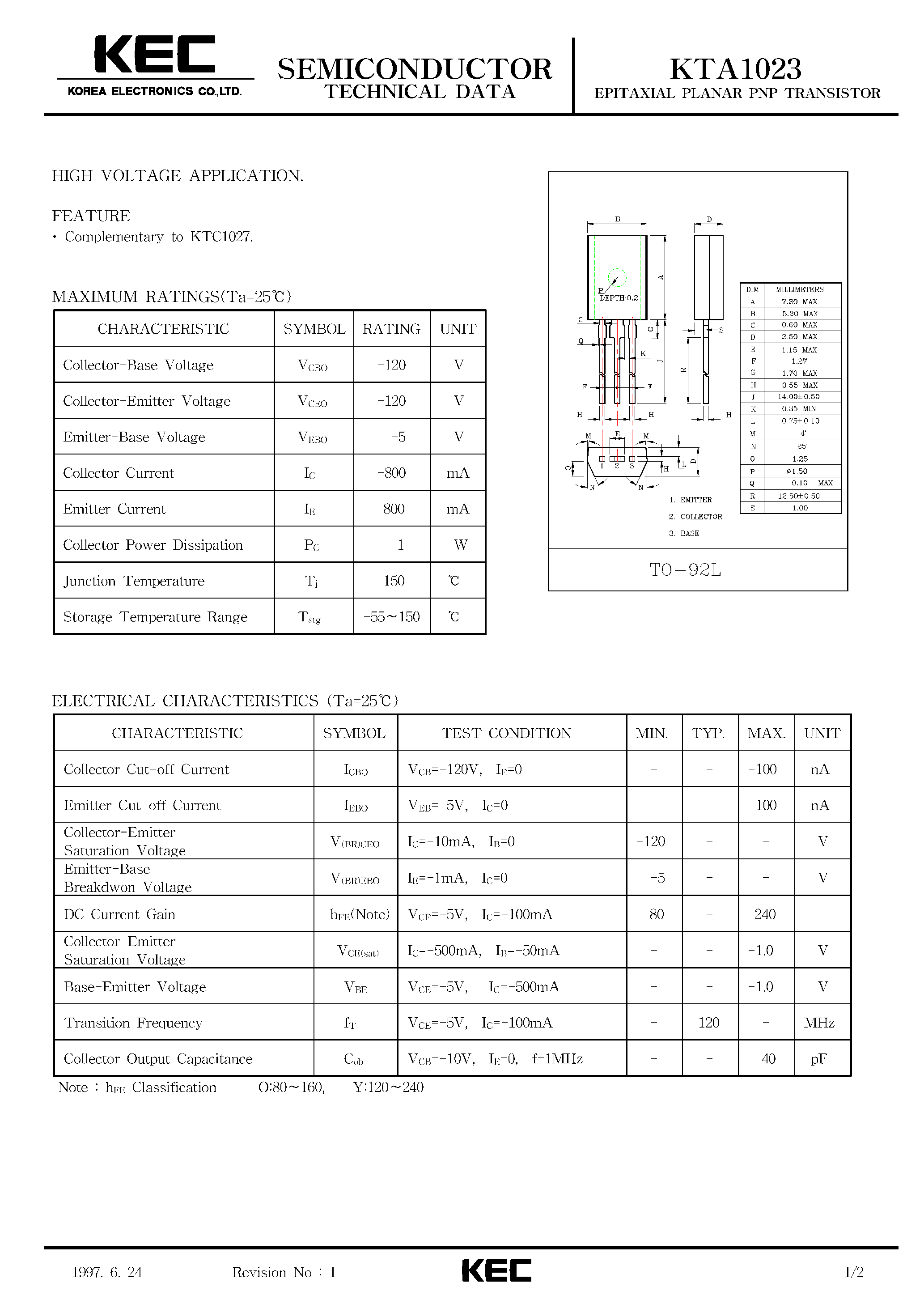 Datasheet KTA1023 - EPITAXIAL PLANAR PNP TRANSISTOR (HIGH VOLTAGE) page 1