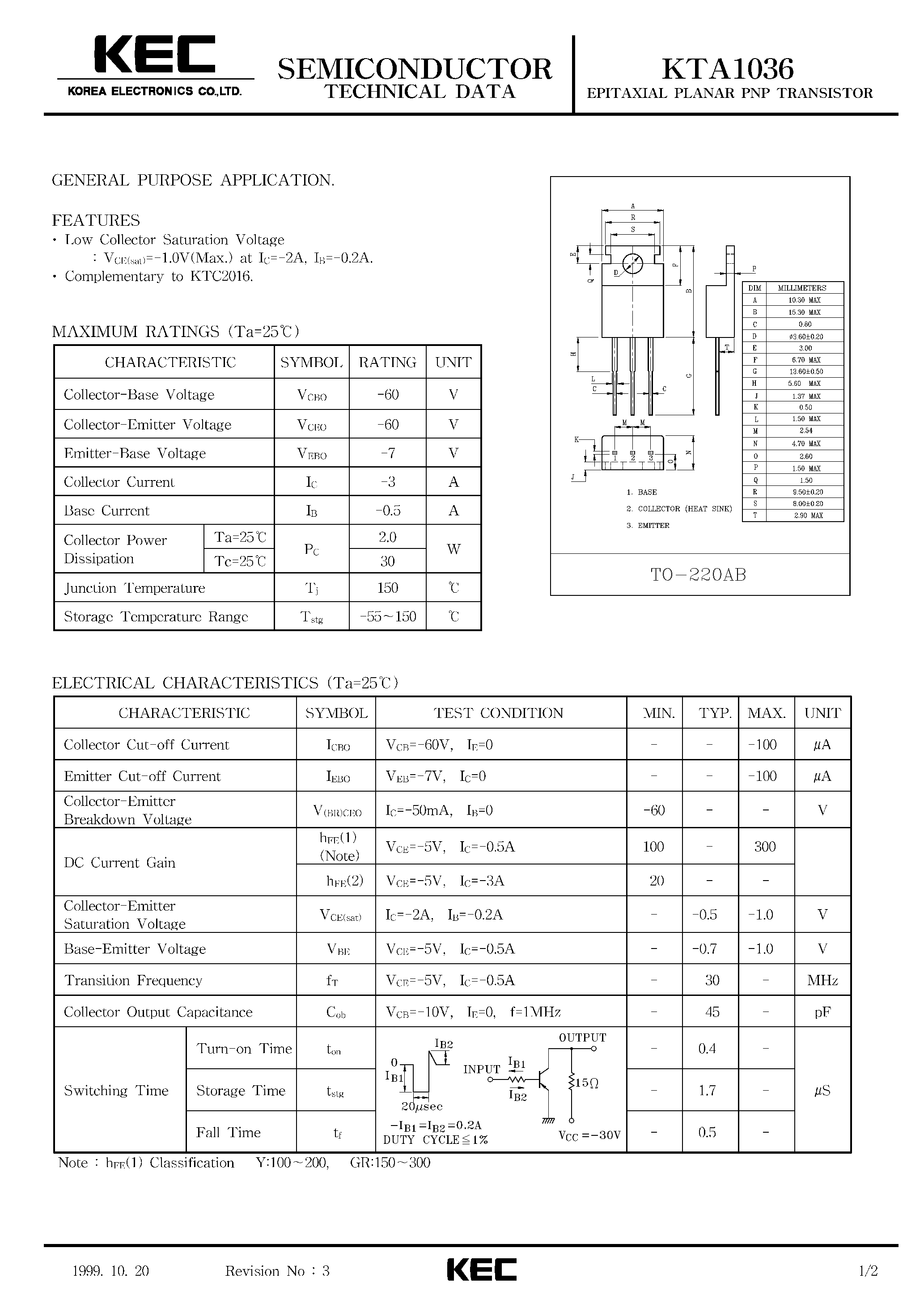 Datasheet KTA1036 - EPITAXIAL PLANAR PNP TRANSISTOR (GENERAL PURPOSE) page 1