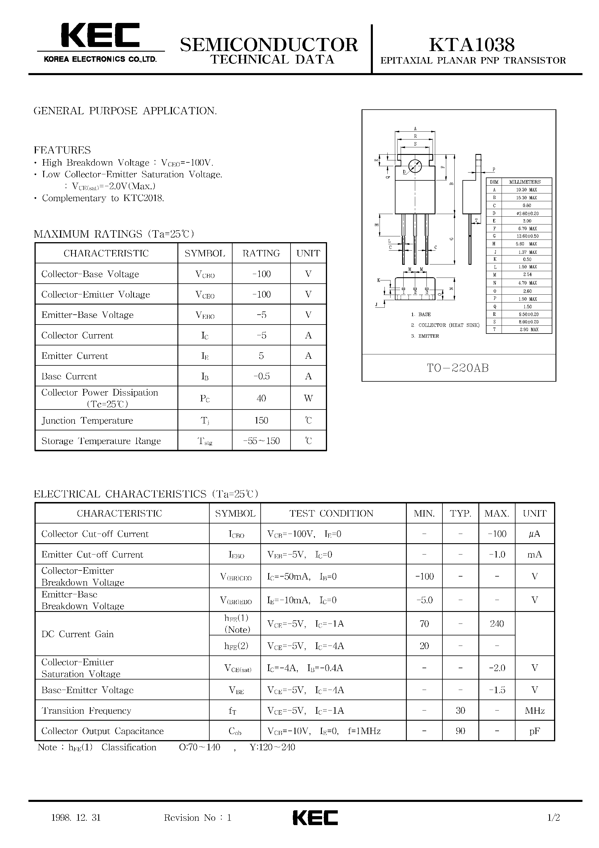 Datasheet KTA1038 - EPITAXIAL PLANAR PNP TRANSISTOR (GENERAL PURPOSE) page 1
