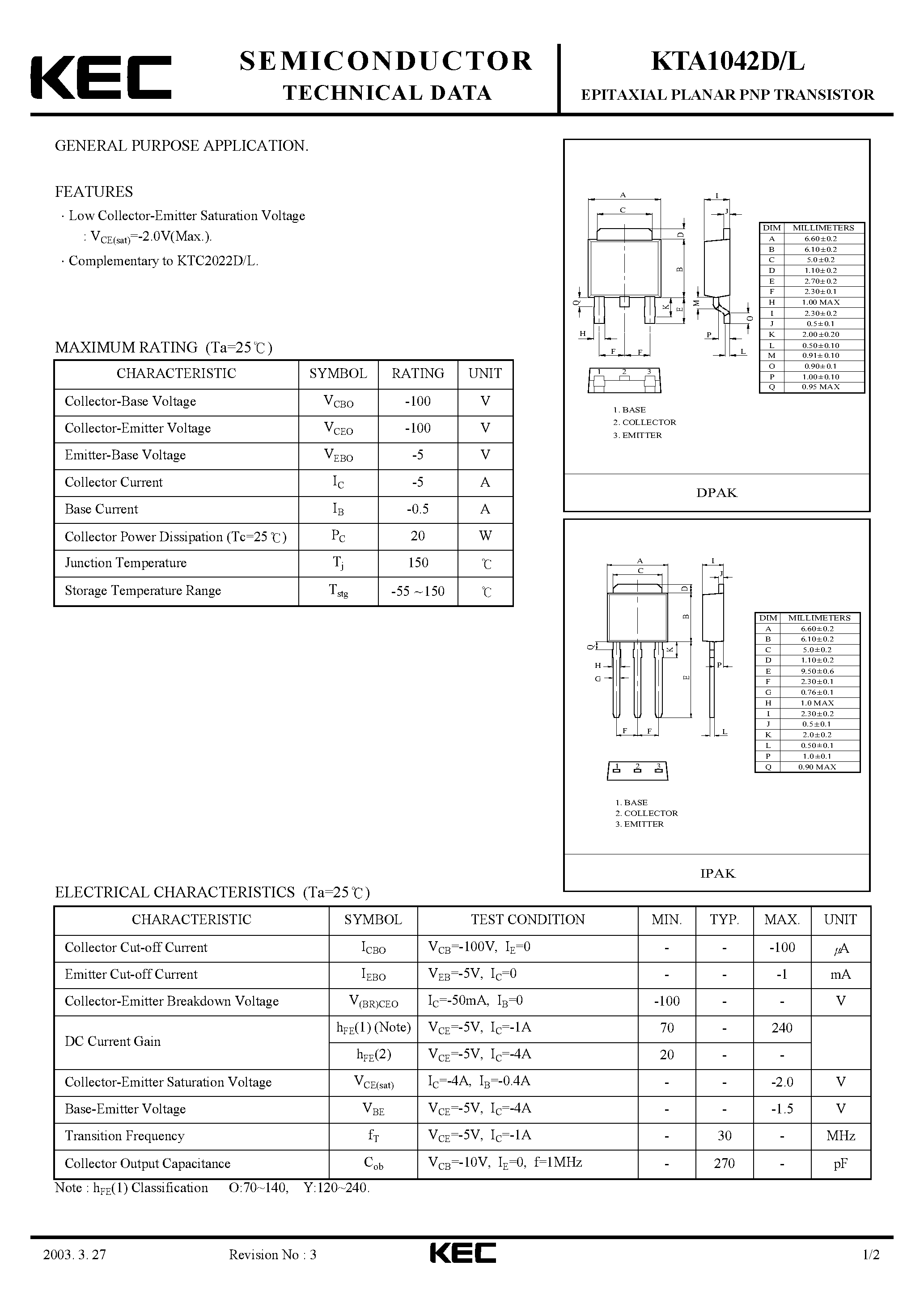 Datasheet KTA1042 - EPITAXIAL PLANAR PNP TRANSISTOR (GENERAL PURPOSE) page 1
