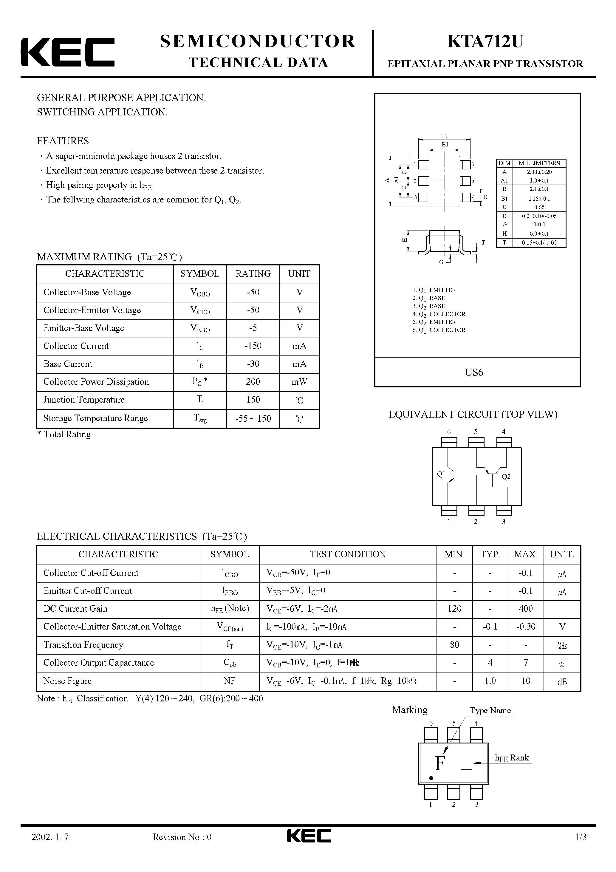 Даташит KTA712U - EPITAXIAL PLANAR PNP TRANSISTOR (GENERAL PURPOSE/ SWITCHING) страница 1