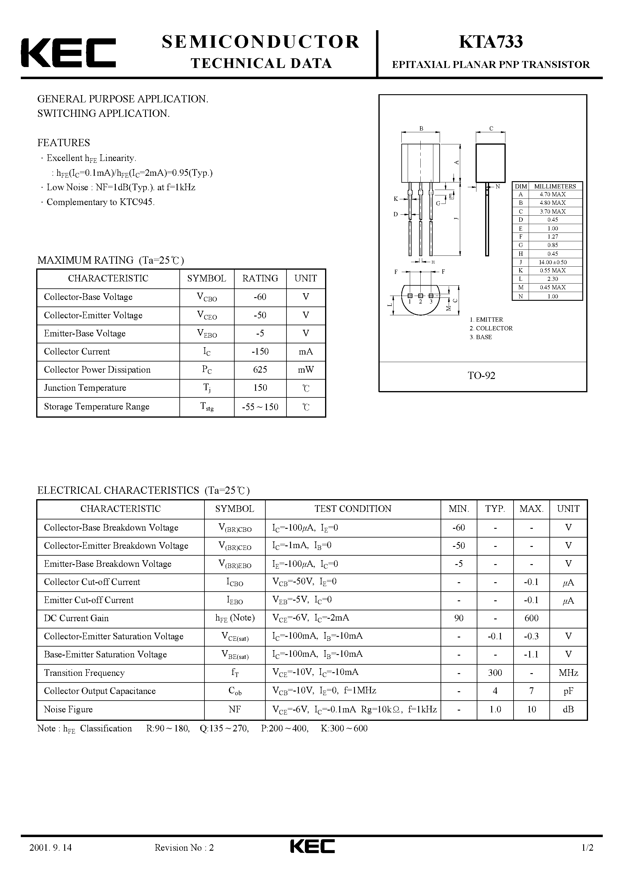 Datasheet KTA733 - EPITAXIAL PLANAR PNP TRANSISTOR (GENERAL PURPOSE/ SWITCHING) page 1