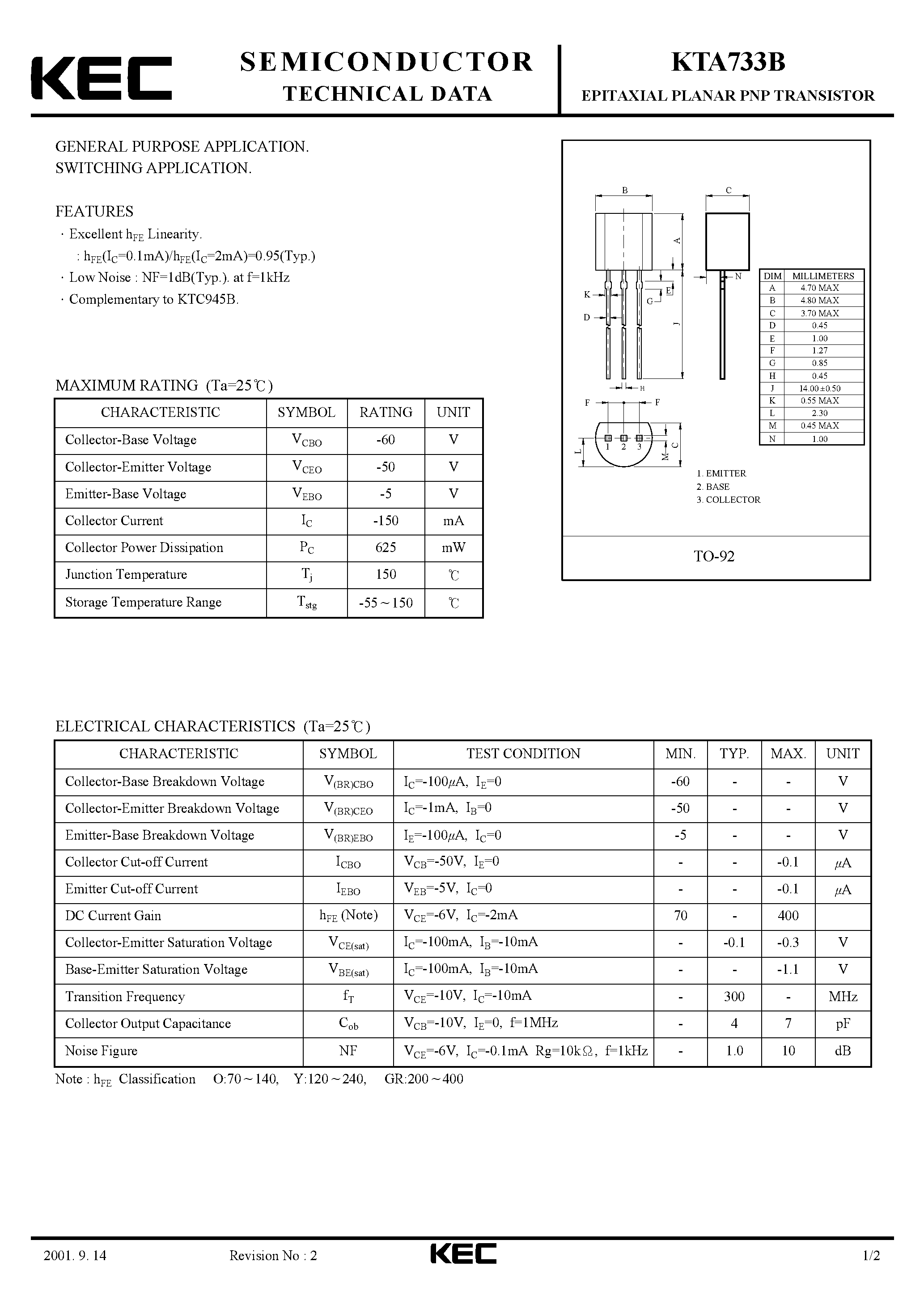 Datasheet KTA733B - EPITAXIAL PLANAR PNP TRANSISTOR (GENERAL PURPOSE/ SWITCHING) page 1