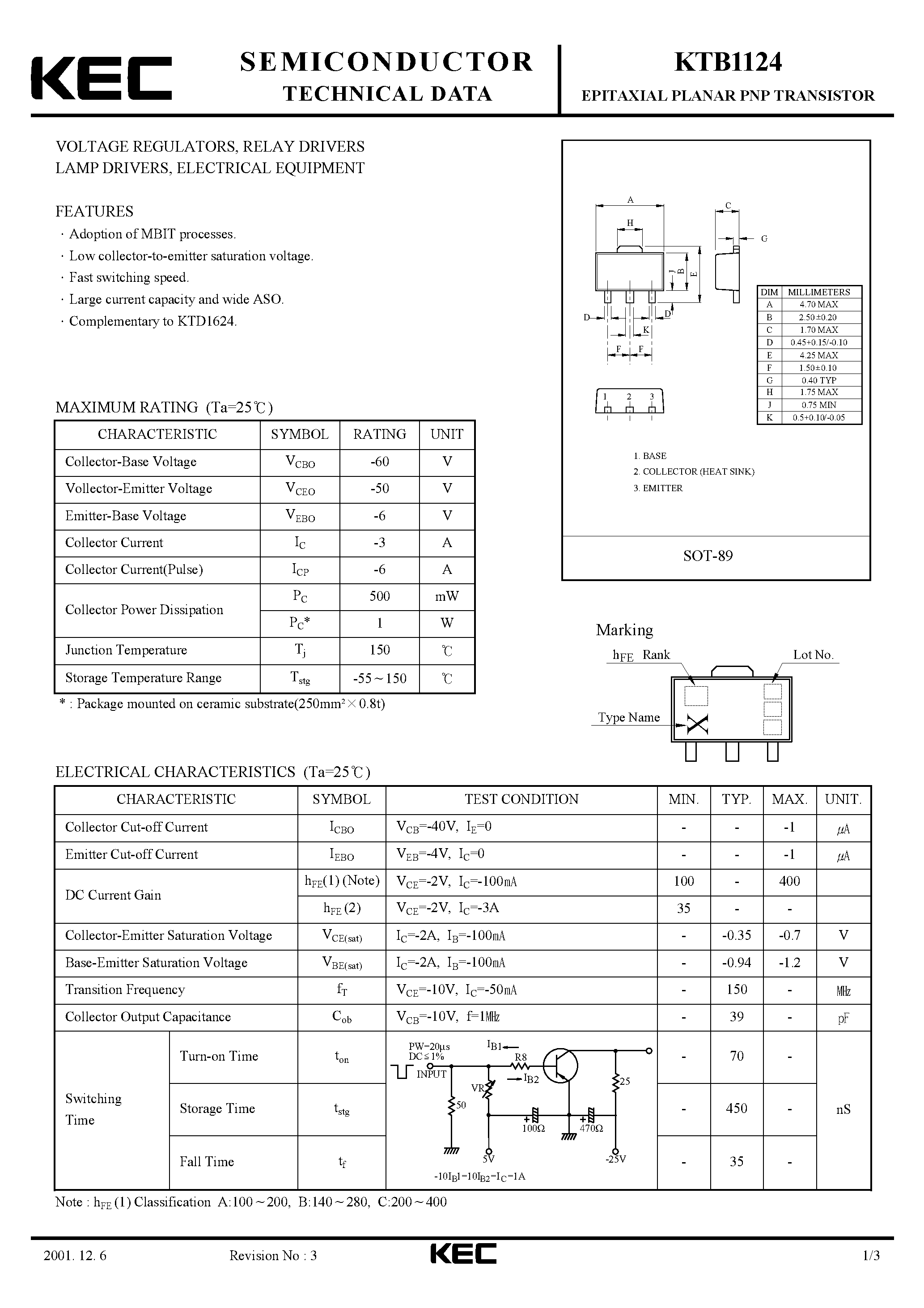 Datasheet KTB1124 - EPITAXIAL PLANAR PNP TRANSISTOR (VOLTAGE REGULATOR RELAY LAMP DRIVER/ ELECTRICAL EQUIPMENT) page 1