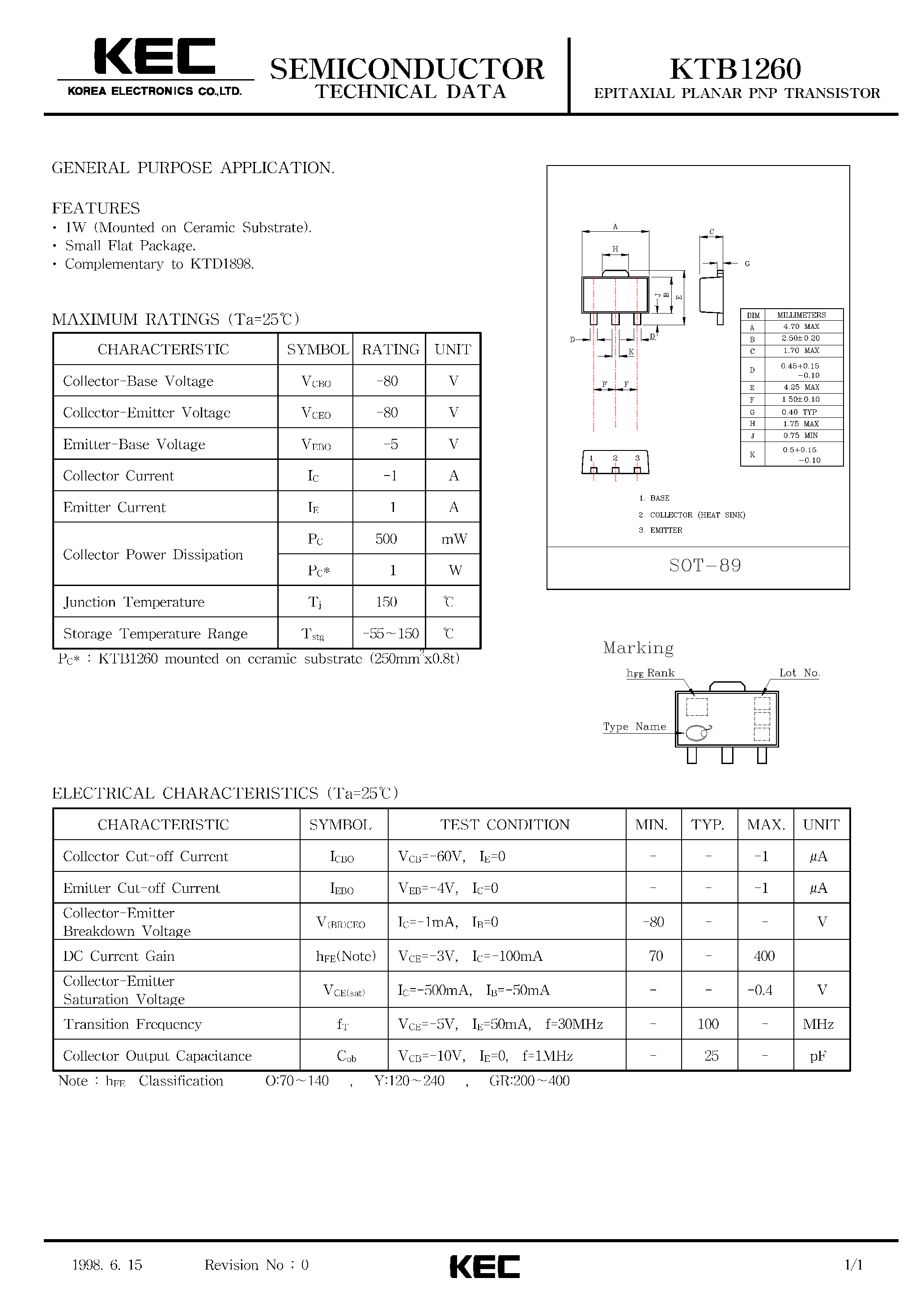 Datasheet KTB1260 - EPITAXIAL PLANAR PNP TRANSISTOR (GENERAL PURPOSE) page 1