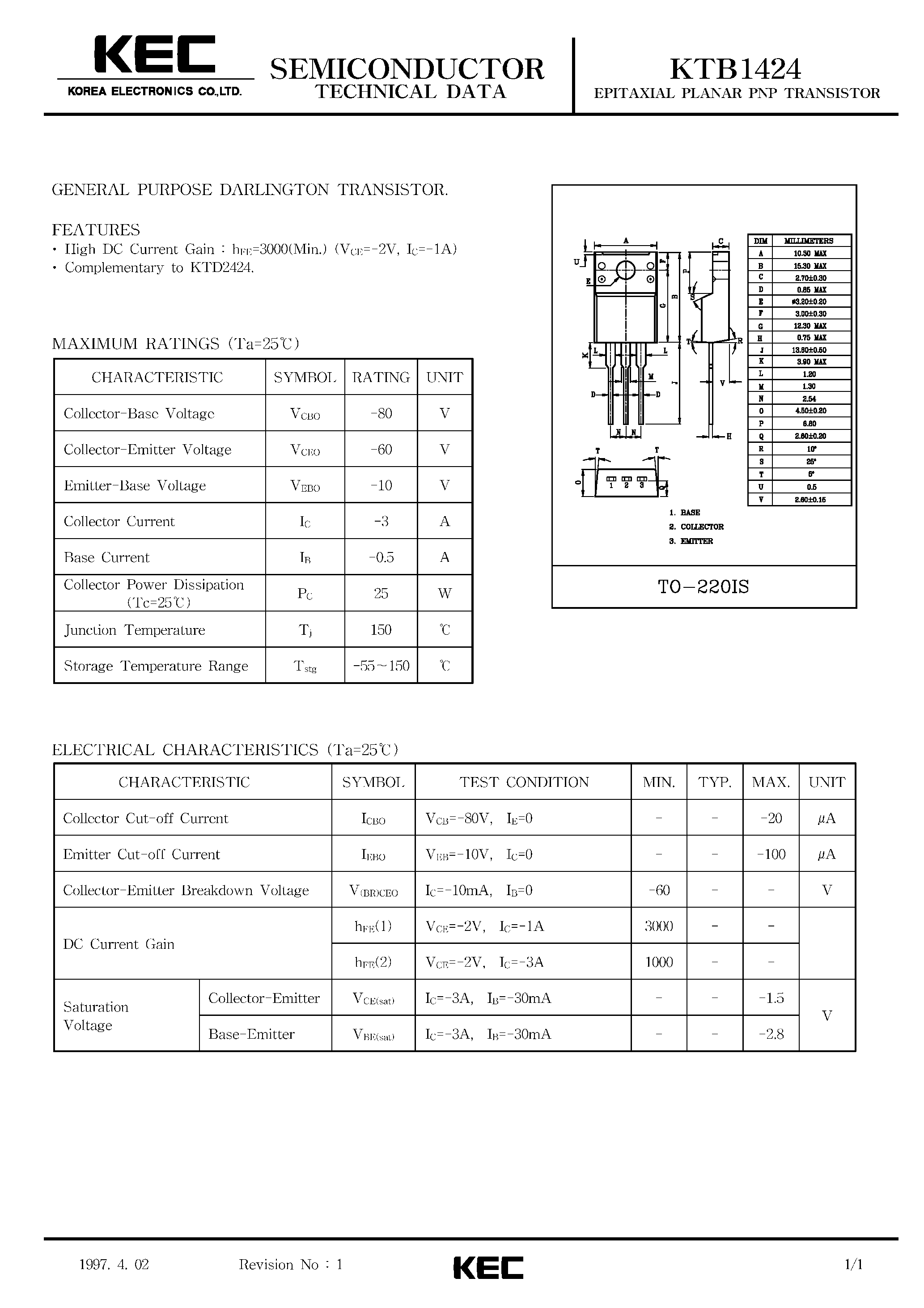 Datasheet KTB1424 - EPITAXIAL PLANAR PNP TRANSISTOR (GENERAL PURPOSE DARLING TON TRANSISTOR) page 1
