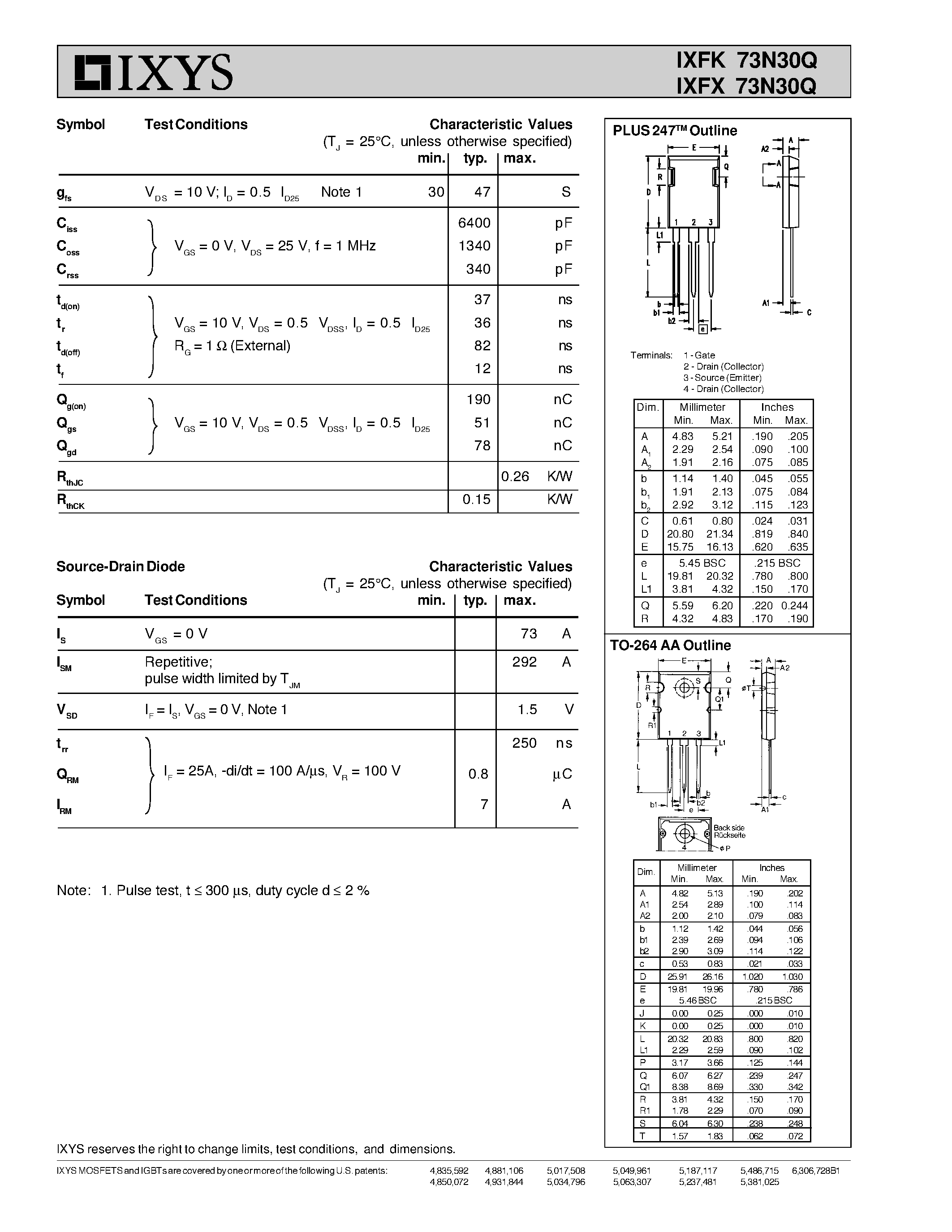 Даташит IXFX73N30Q - HiPerFET Power MOSFETs Q-CLASS страница 2