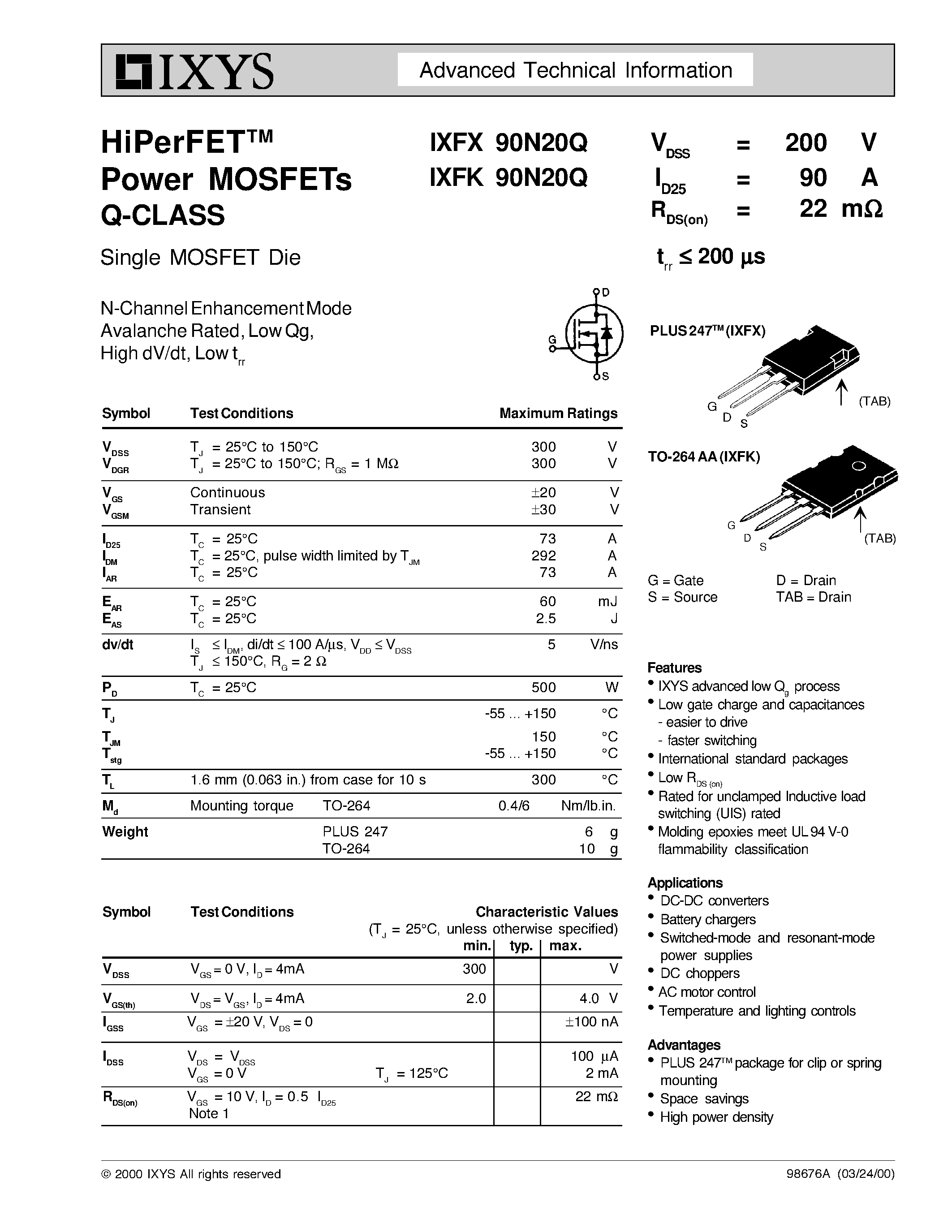 Даташит IXFX90N20Q - HiPerFETTM Power MOSFETs Q-CLASS страница 1