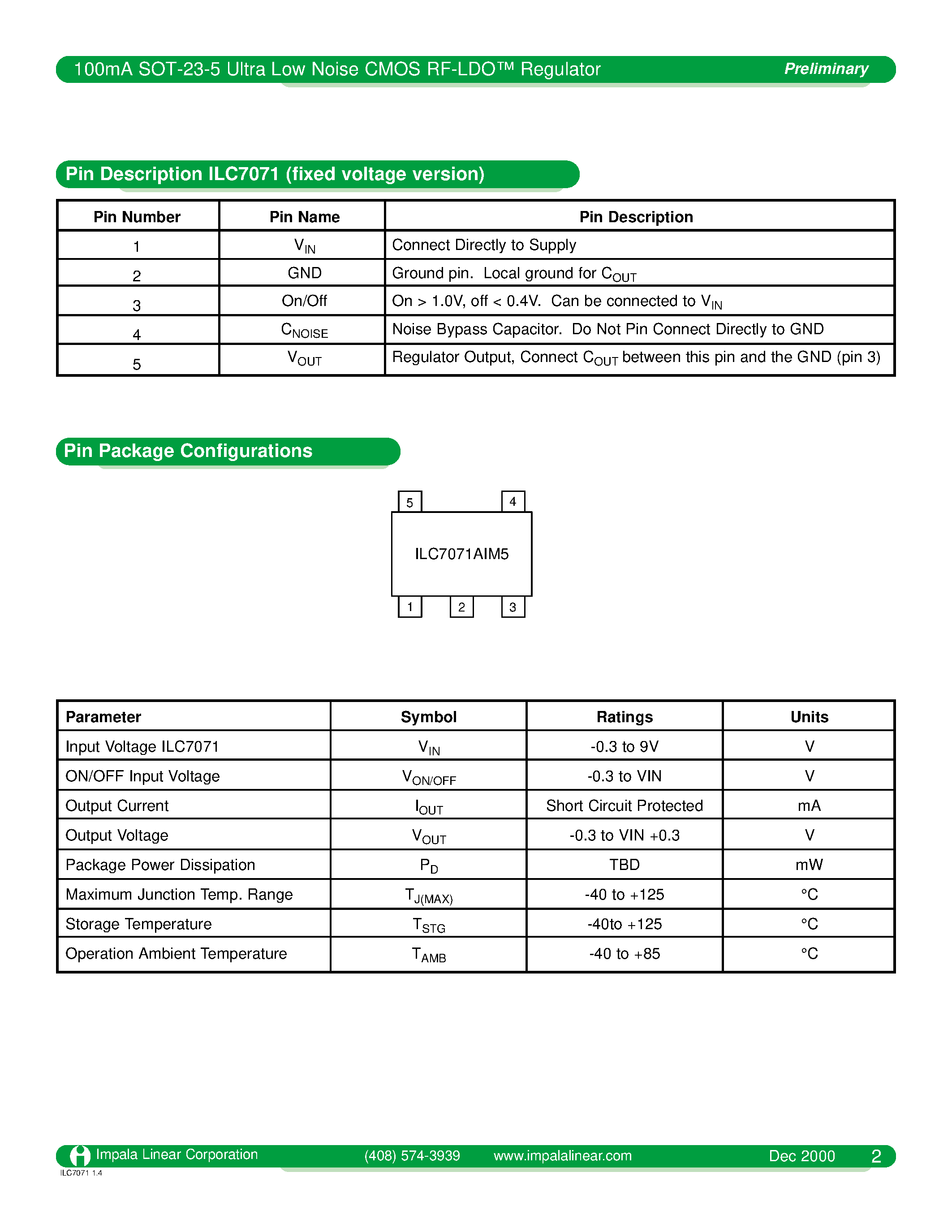 Datasheet ILC7071AIM5-47 - 100MA SOT-23-5 ULTRA LOW NOISE CMOS RF-LDO REGULATOR page 2