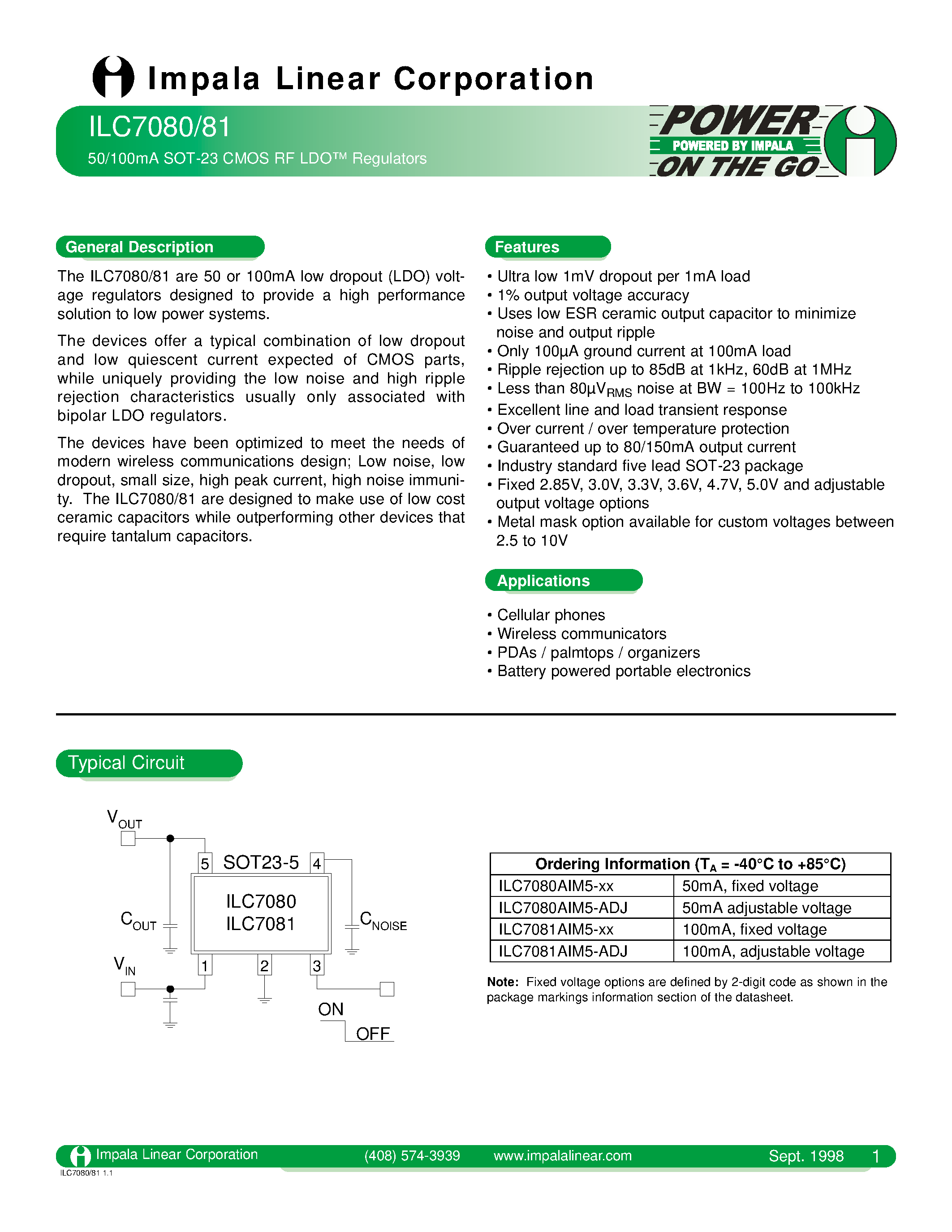 Datasheet ILC7080 - 50/100M SOT-23 CMOS RF LDO REGULATORS page 1