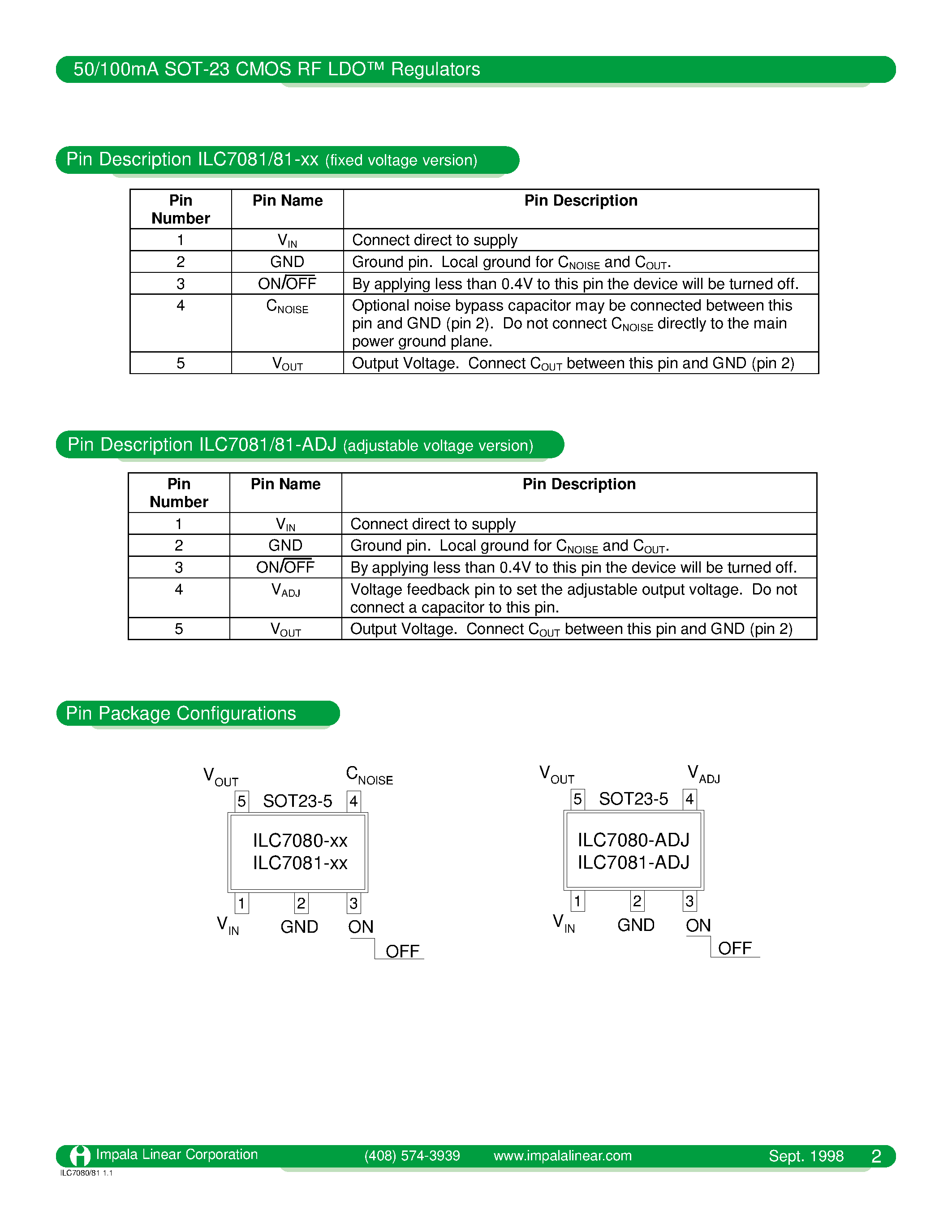 Datasheet ILC7080 - 50/100M SOT-23 CMOS RF LDO REGULATORS page 2