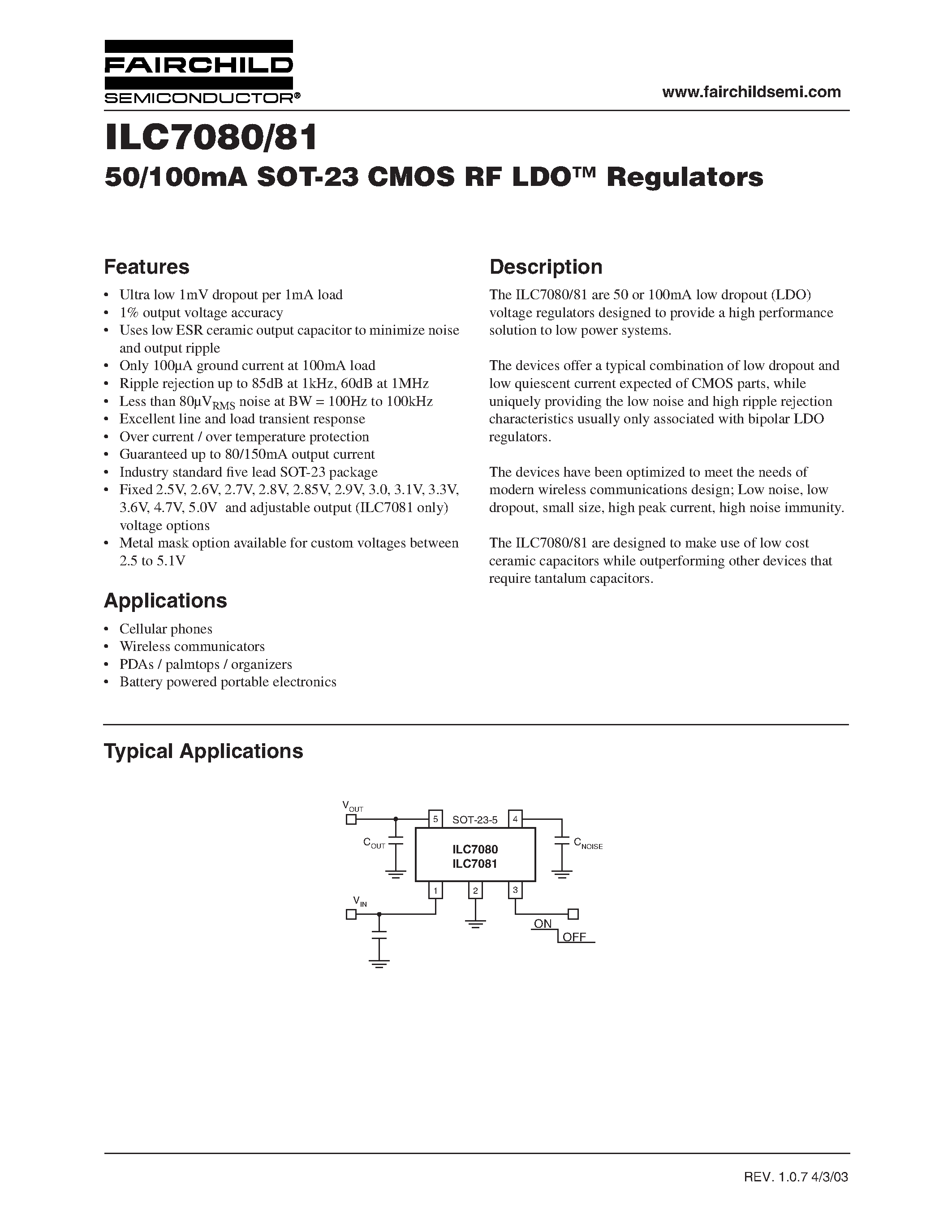 Даташит ILC7080 - 50/100mA SOT-23 CMOS RF LDO Regulators страница 1