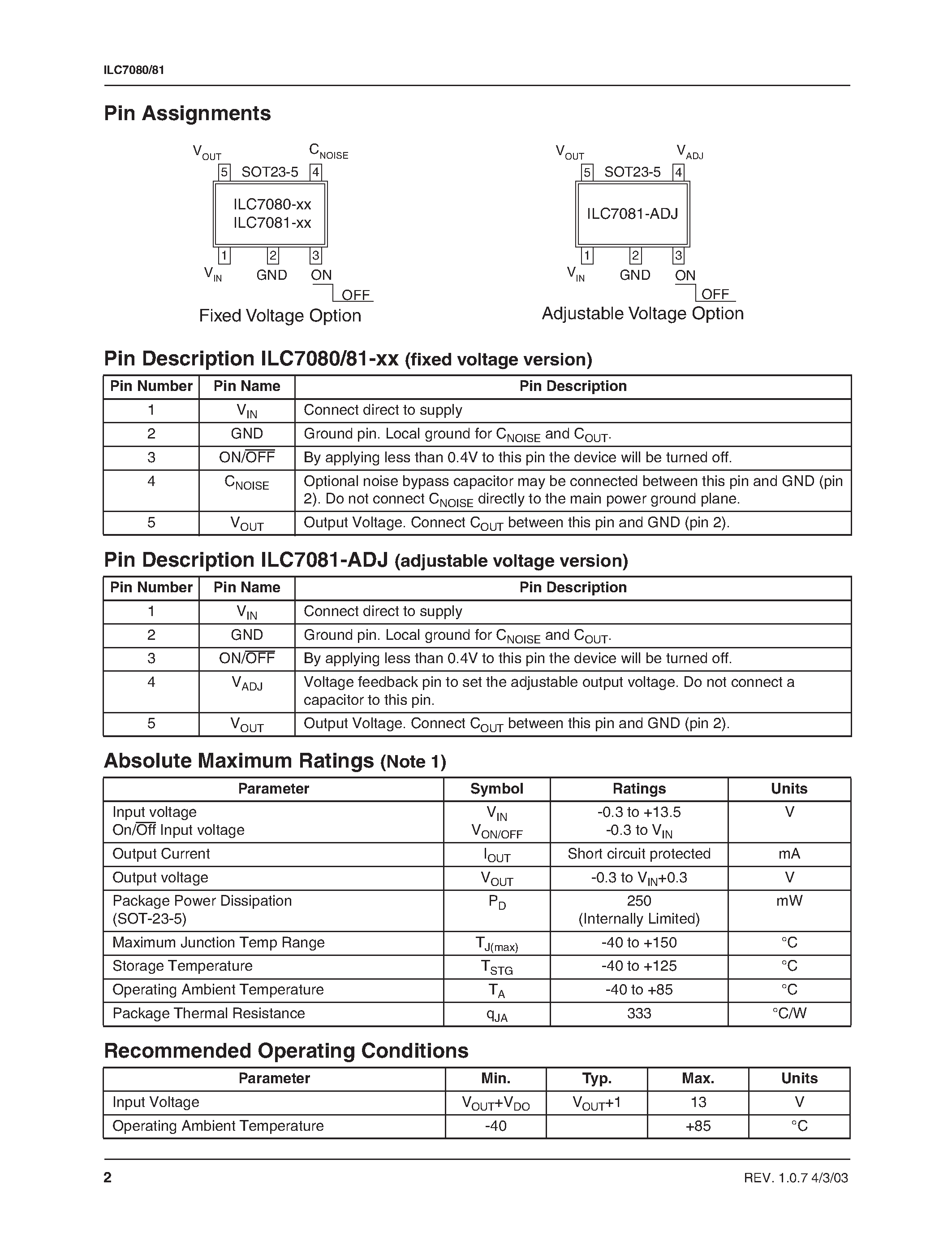 Datasheet ILC7080 - 50/100mA SOT-23 CMOS RF LDO Regulators page 2