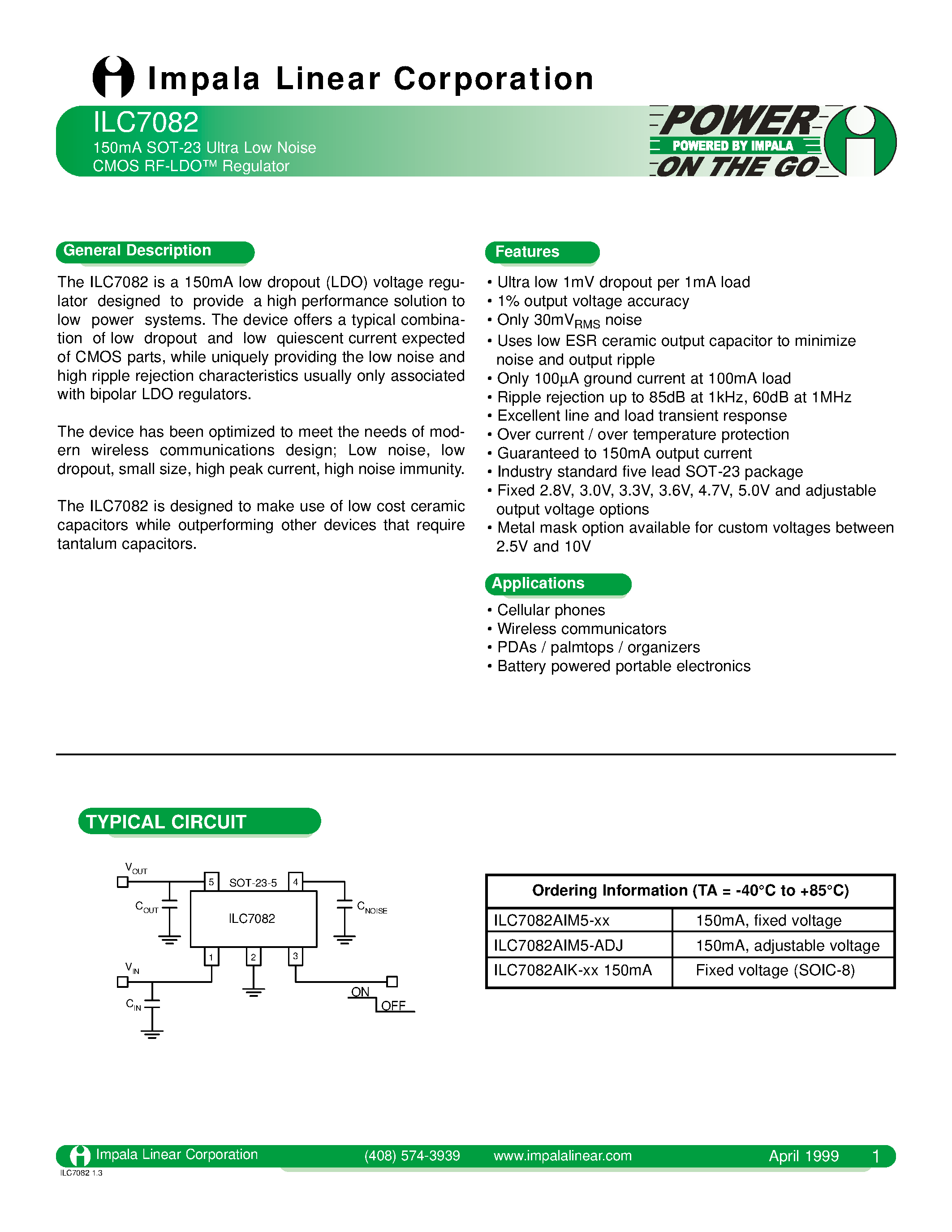 Datasheet ILC7082AIM5-30 - 150MA SOT-23 ULTRA LOW NOISE CMOS RF-LDO REGULATOR page 1