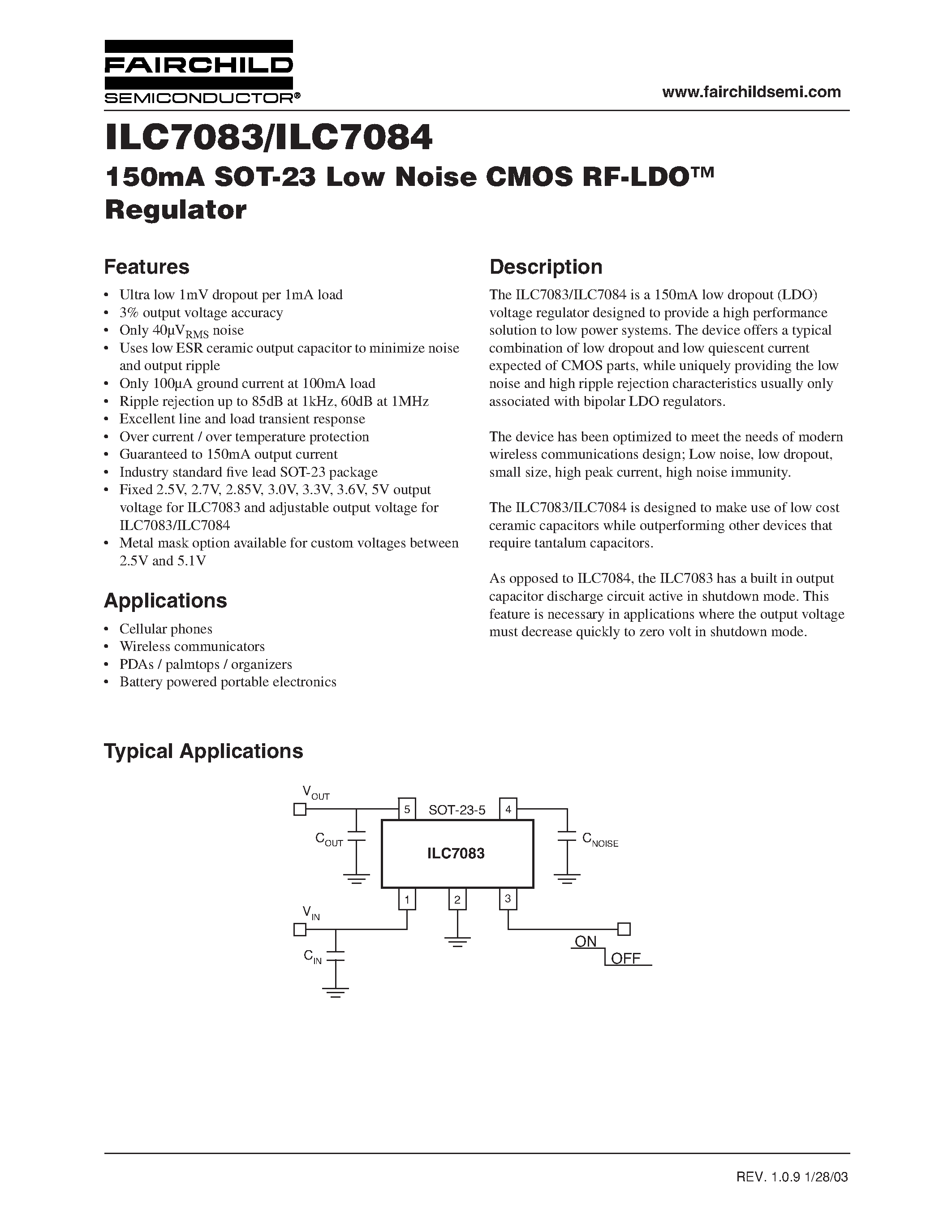 Даташит ILC7083 - 150mA SOT-23 Low Noise CMOS RF-LDO Regulator страница 1