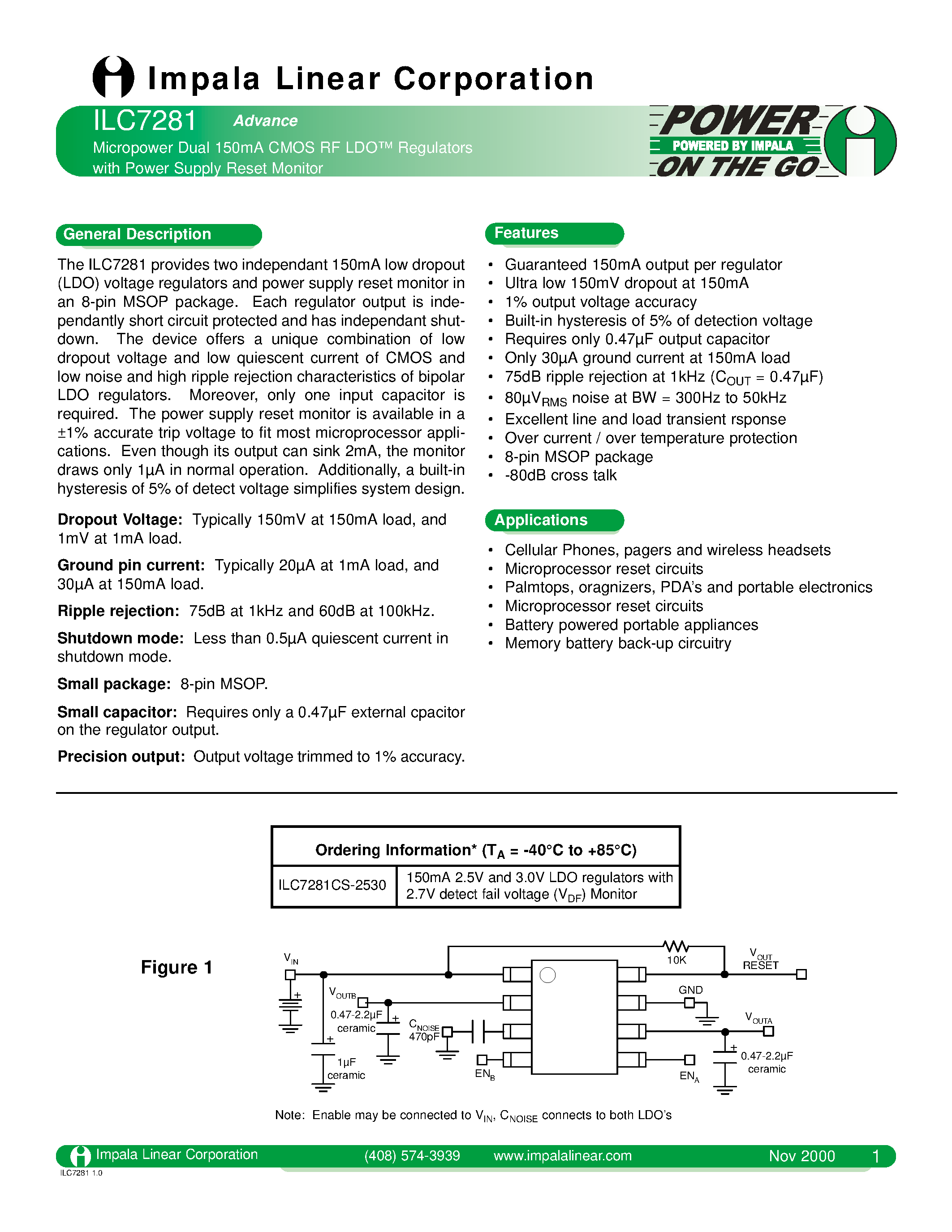 Datasheet ILC7281 - MICROPOWER DUAL 150MA CMOS RF LDO REGULATORS WITH POWER SUPPLY RESET MONITOR page 1