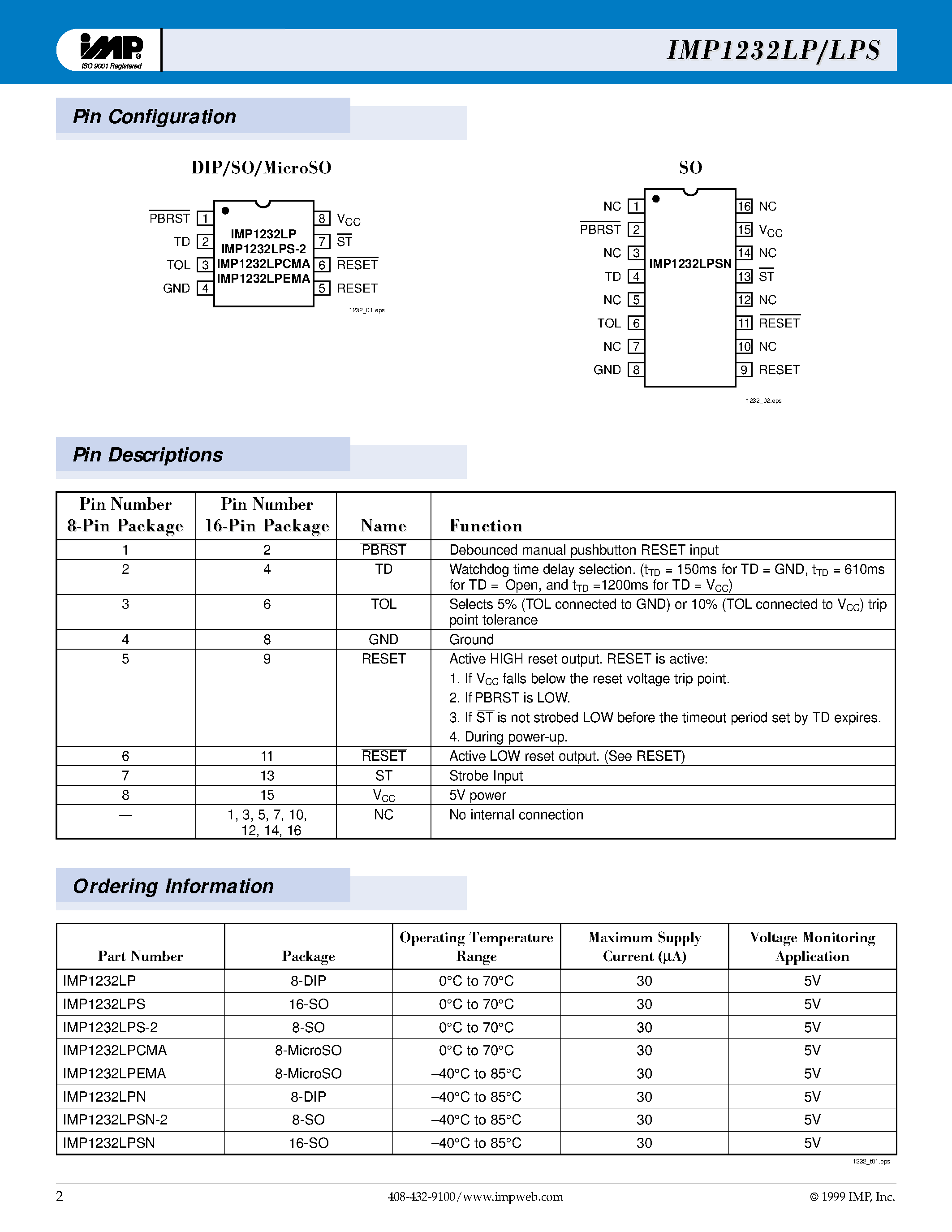 Datasheet IMP1232 - 5V P Power Suppl er Supply Monit y Monitor and or and Reset Cir eset Circuit page 2