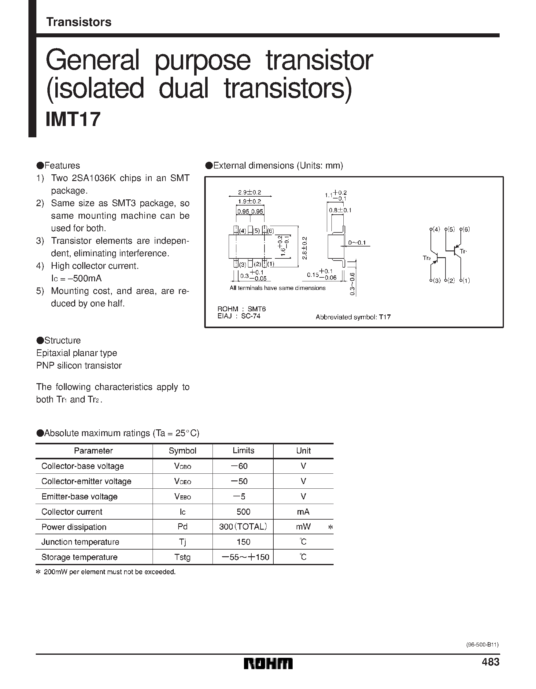 Даташит IMT17 - General purpose transistor isolated dual transistors страница 1