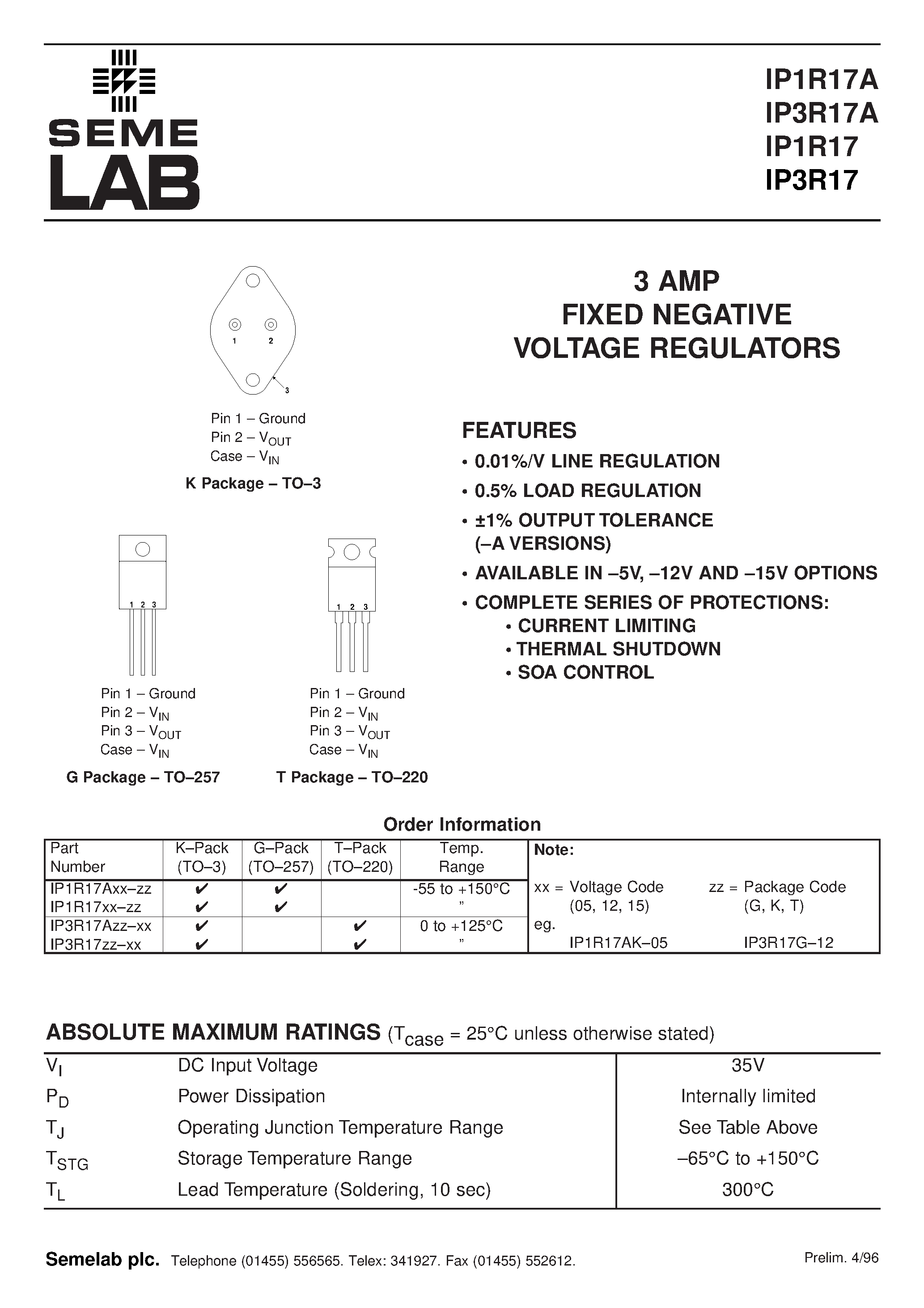 Datasheet IP1R1705-K - 3 AMP FIXED NEGATIVE VOLTAGE REGULATORS page 1