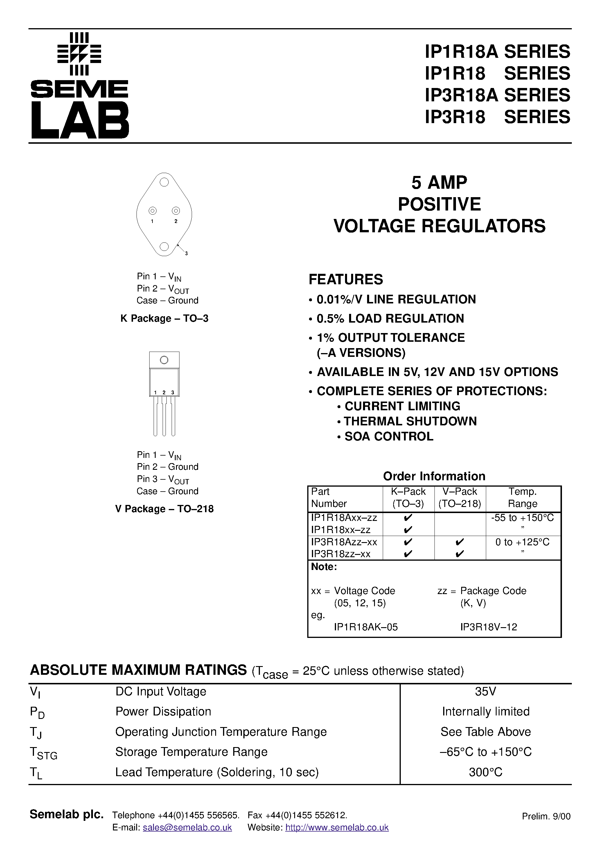 Datasheet IP1R1805-K - 5 AMP POSITIVE VOLTAGE REGULATORS page 1