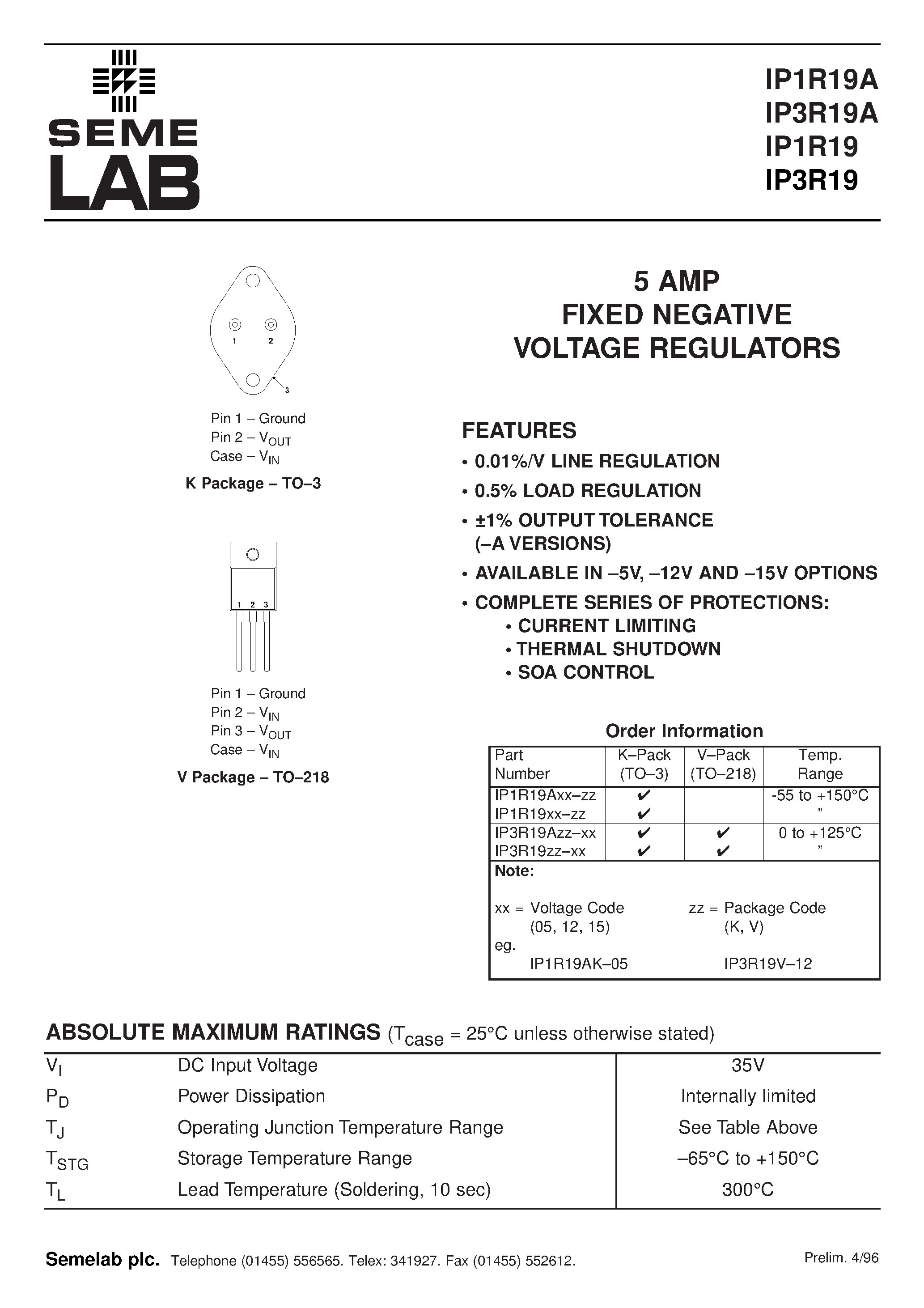 Datasheet IP1R1912-K - 5 AMP FIXED NEGATIVE VOLTAGE REGULATORS page 1